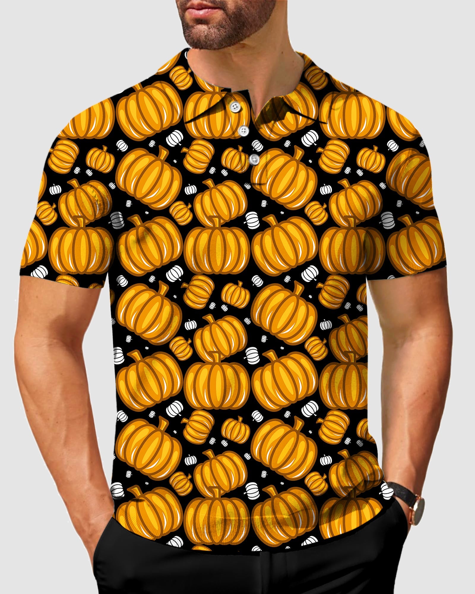 Men's Halloween Pumpkin Family Polo shirt with all-over pumpkin print, four-way stretch fabric, and classic fit