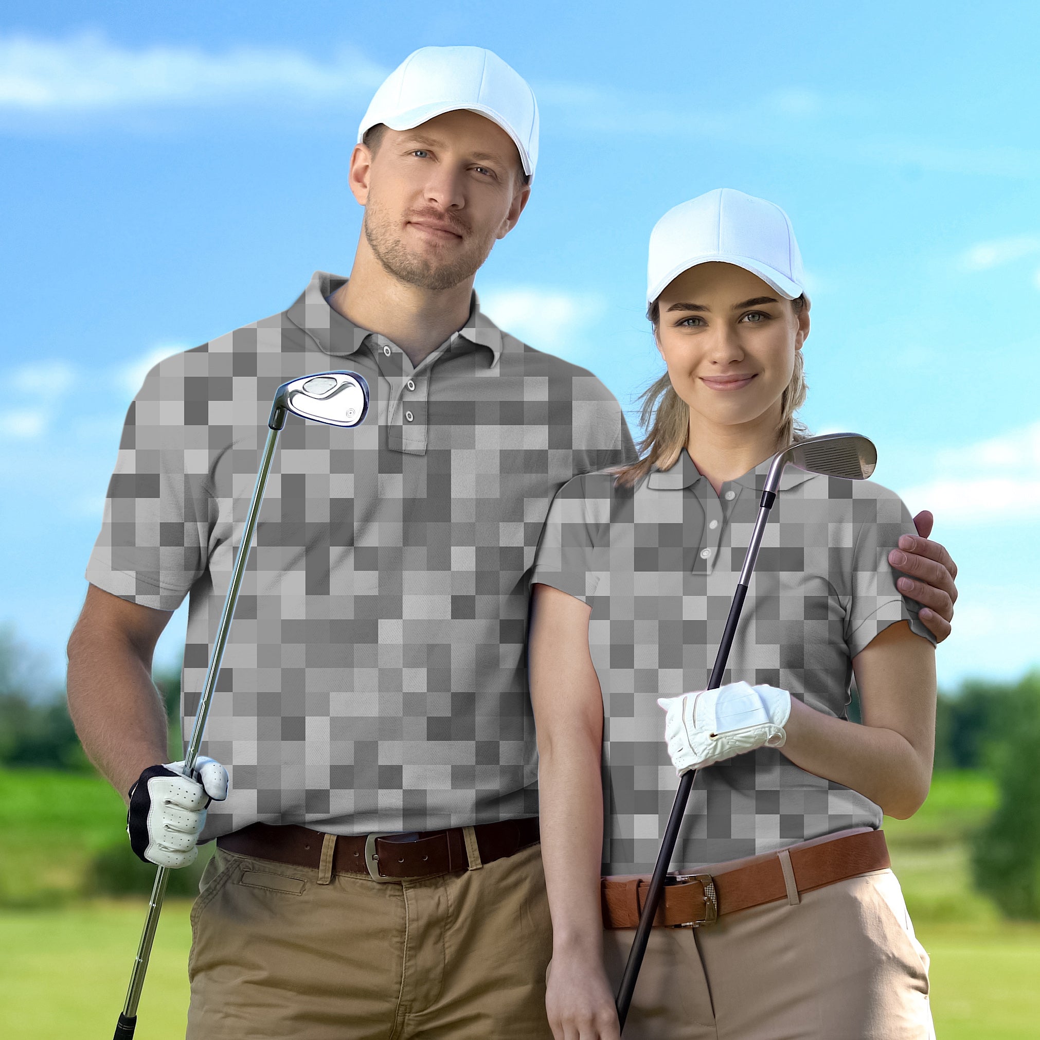 Couple wearing grey pixel pattern golf set with white caps on golf course