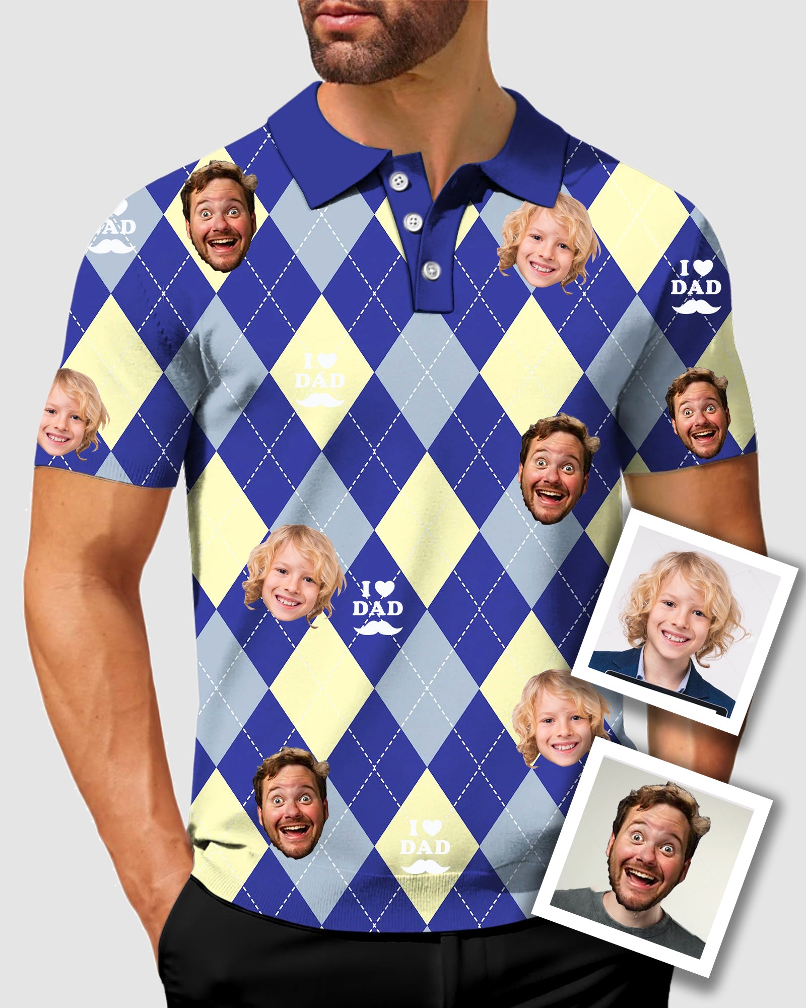 Men's To My Dad Custom Face Blue Argyle  Men's Golf Polo Father's Day Gift  Polo