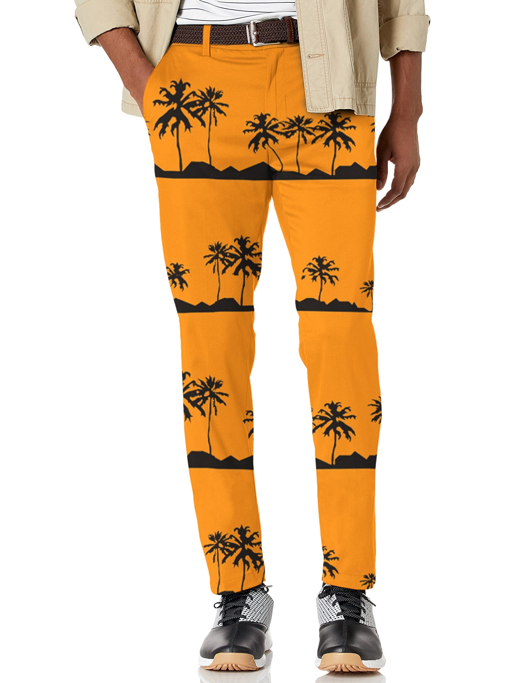 Men's setting sun stretch golf pants with coconut tree print and moisture-wicking fabric