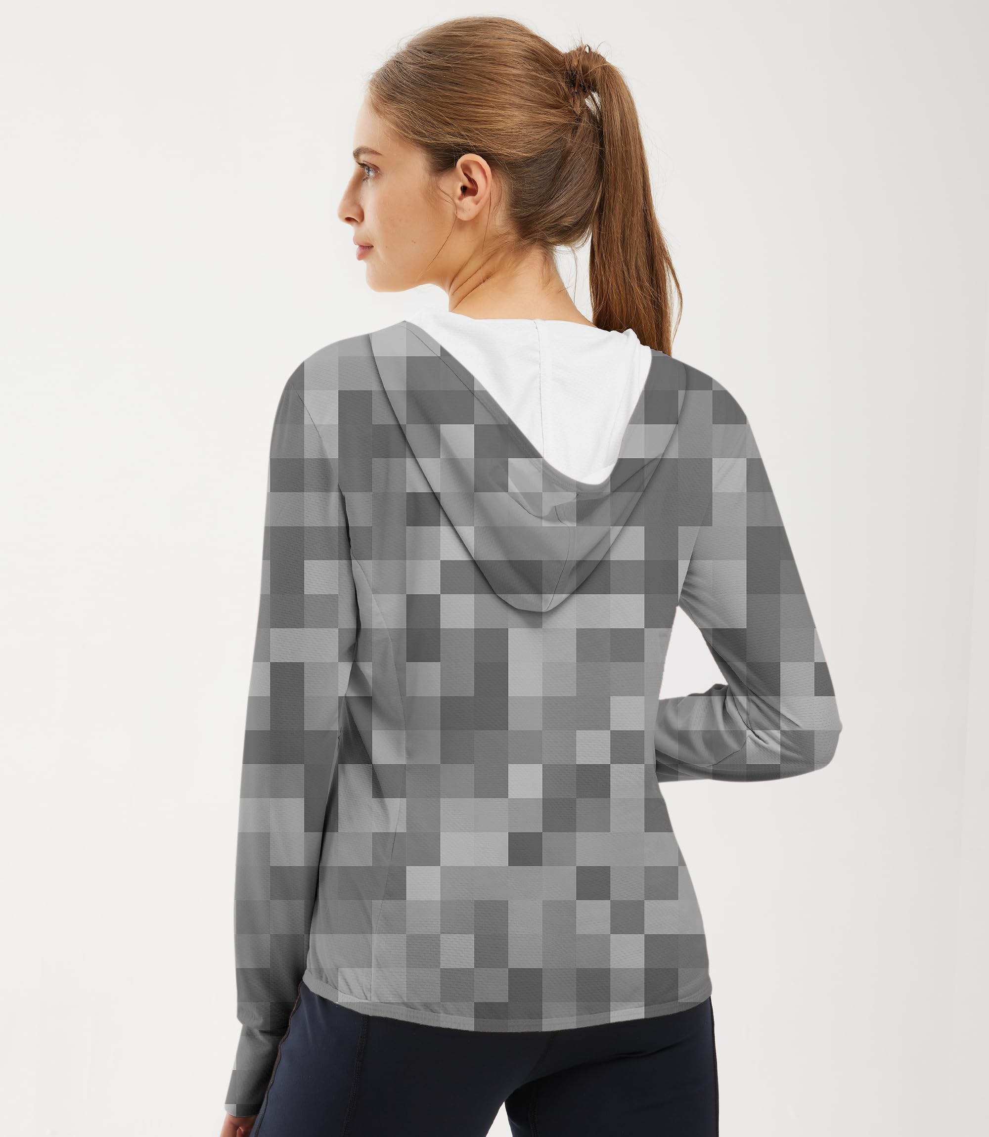 Women's outdoor grey pixel pattern golf hoodie with sun protection and slim fit design