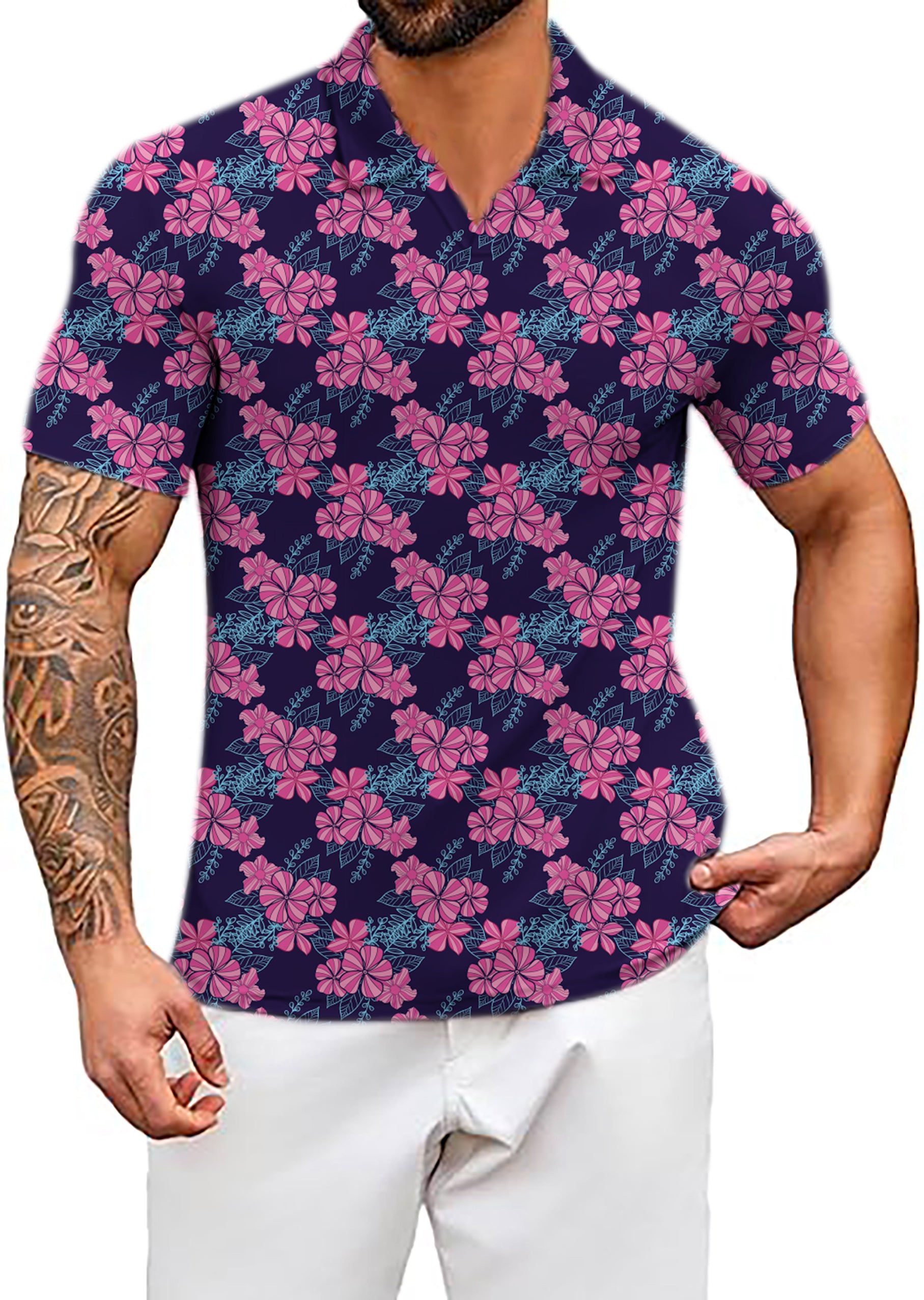 Men's Blossom Burst V Neck Golf Polo Shirts