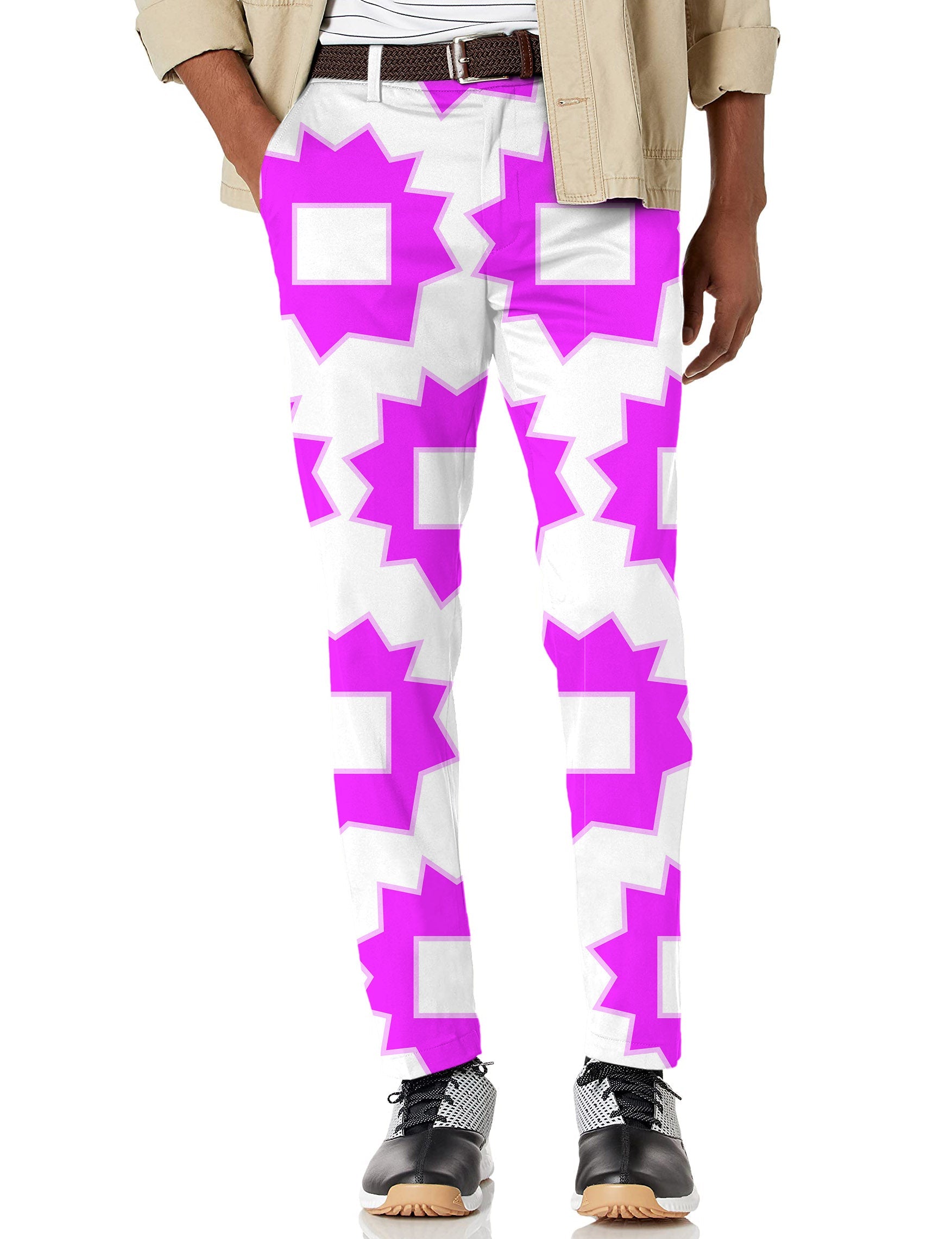 Men's Explosion limited edition stretch golf pants with bold geometric purple pattern and moisture-wicking fabric