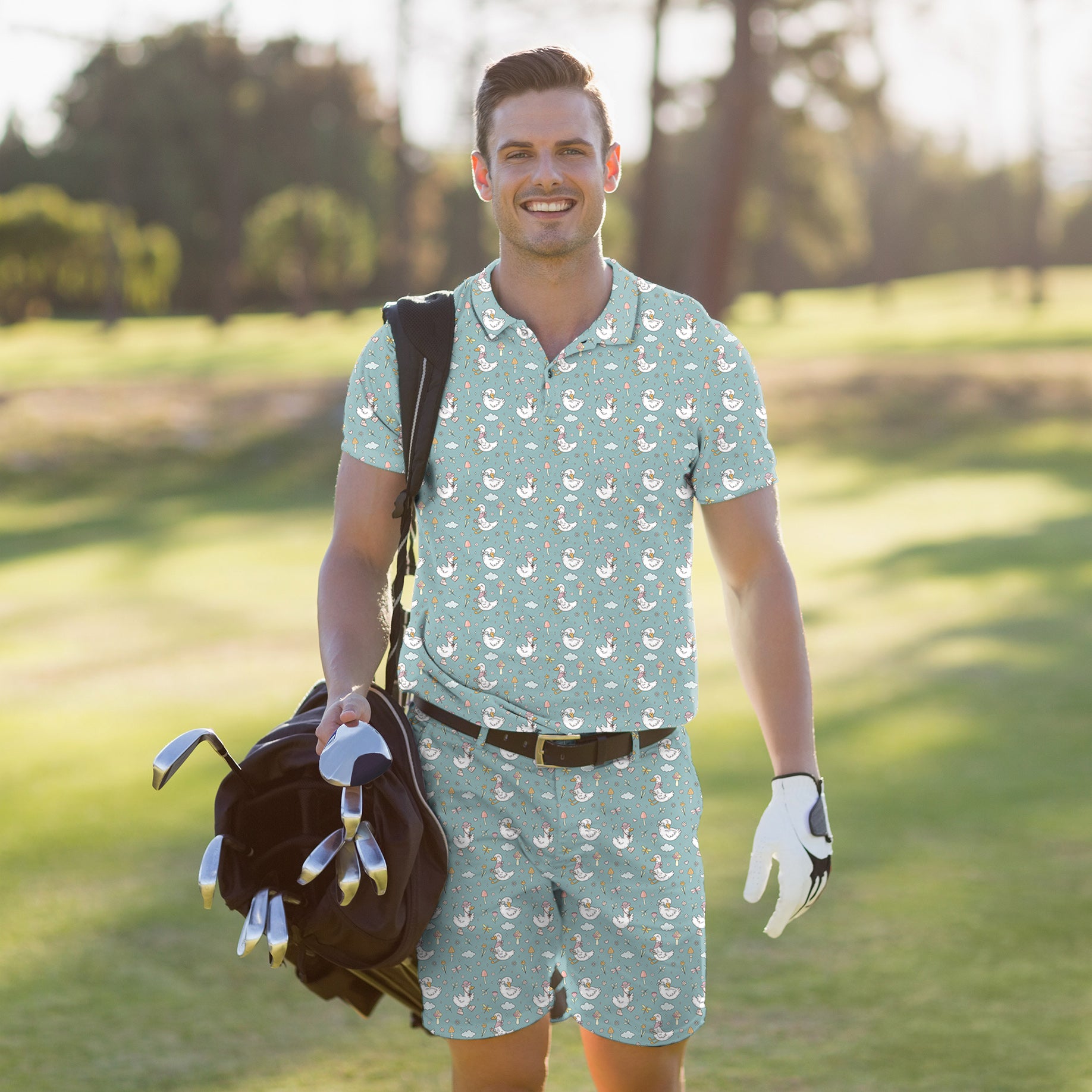 Men's Golf Set Polo+Shorts Cute Duck Floral