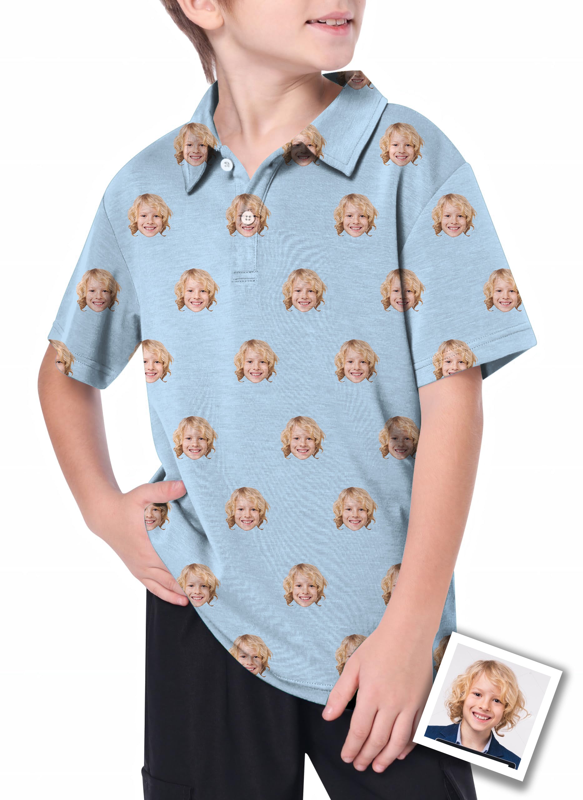 Youth custom photo funny face golf polo shirt for kids with light blue fabric and repeated smiling child faces pattern