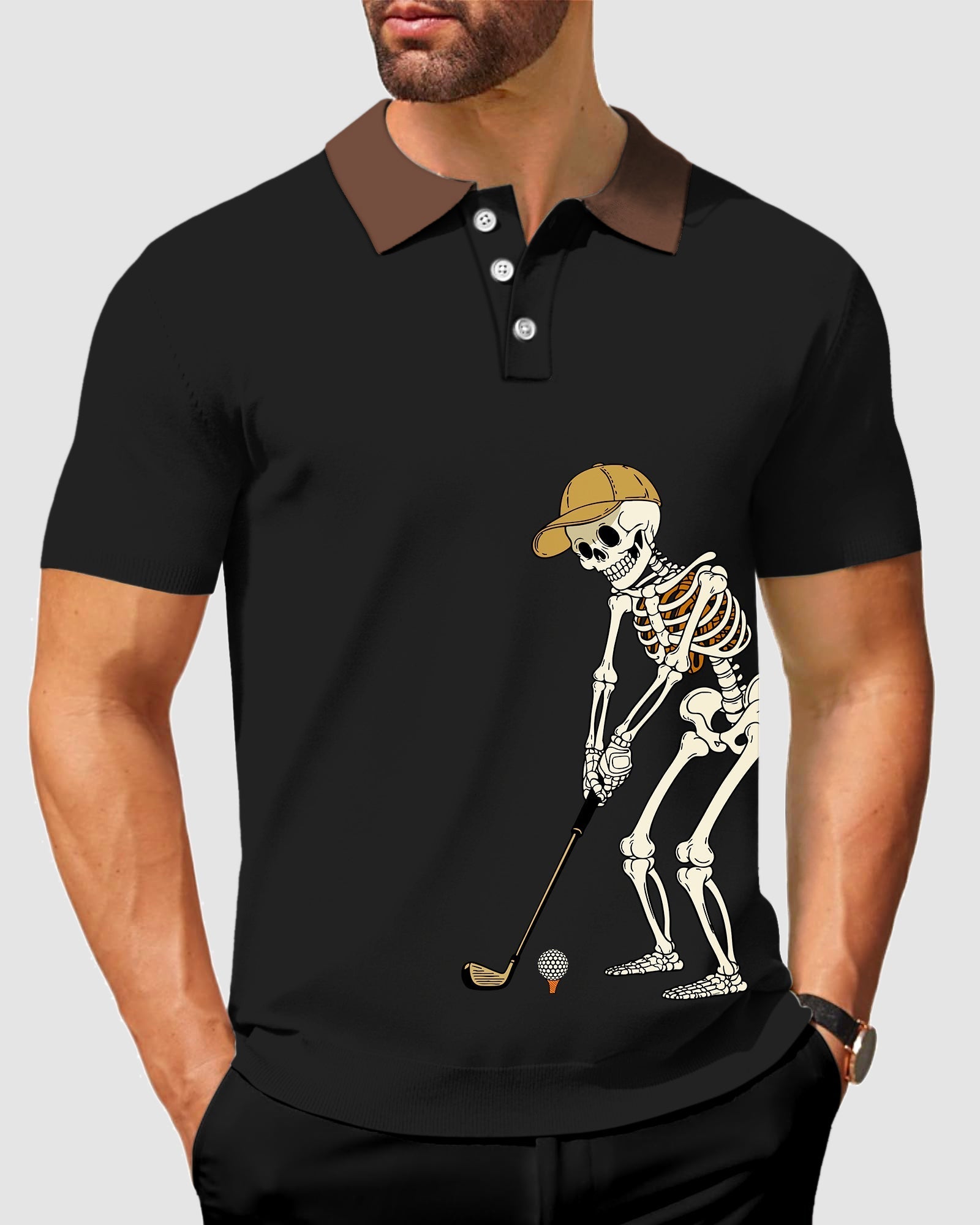 Men's yellow black brown Halloween skeleton golf polo shirt with brown collar and moisture-wicking fabric