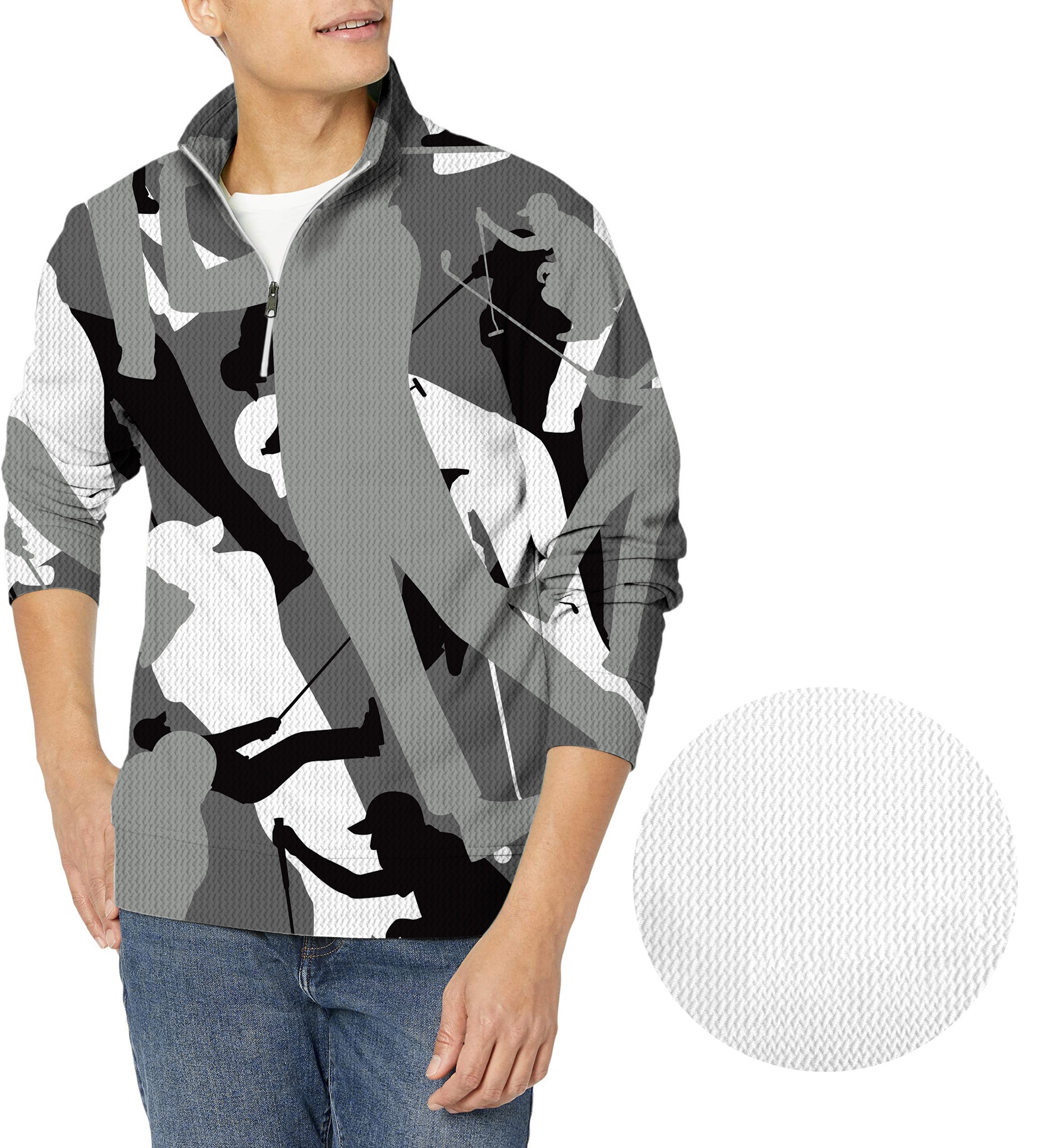 Black and white golf men's waffle zipper pullover with golfer silhouettes and textured fabric close-up