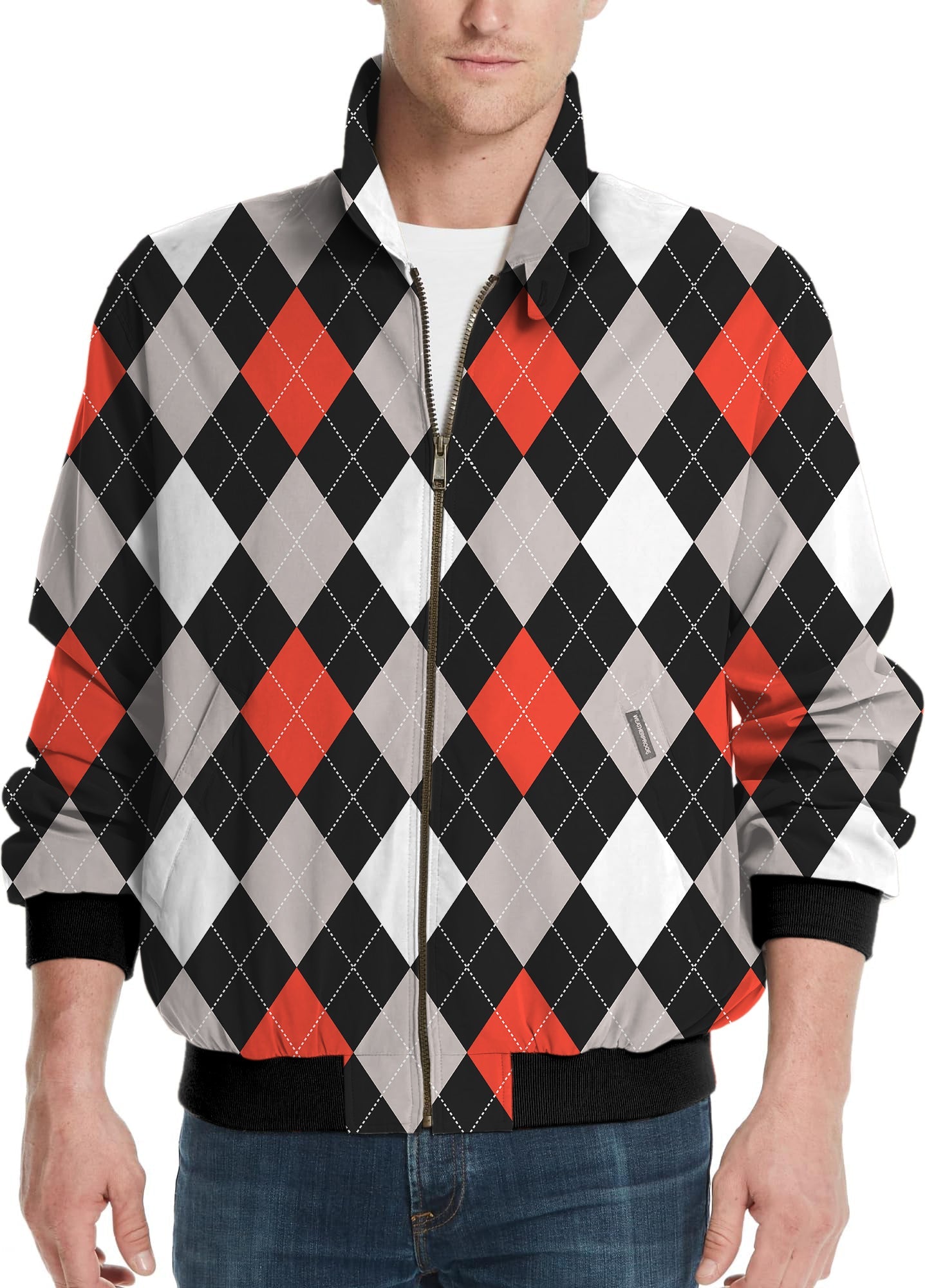Men's golf windbreaker jacket with red and black argyle pattern, lightweight and customizable.