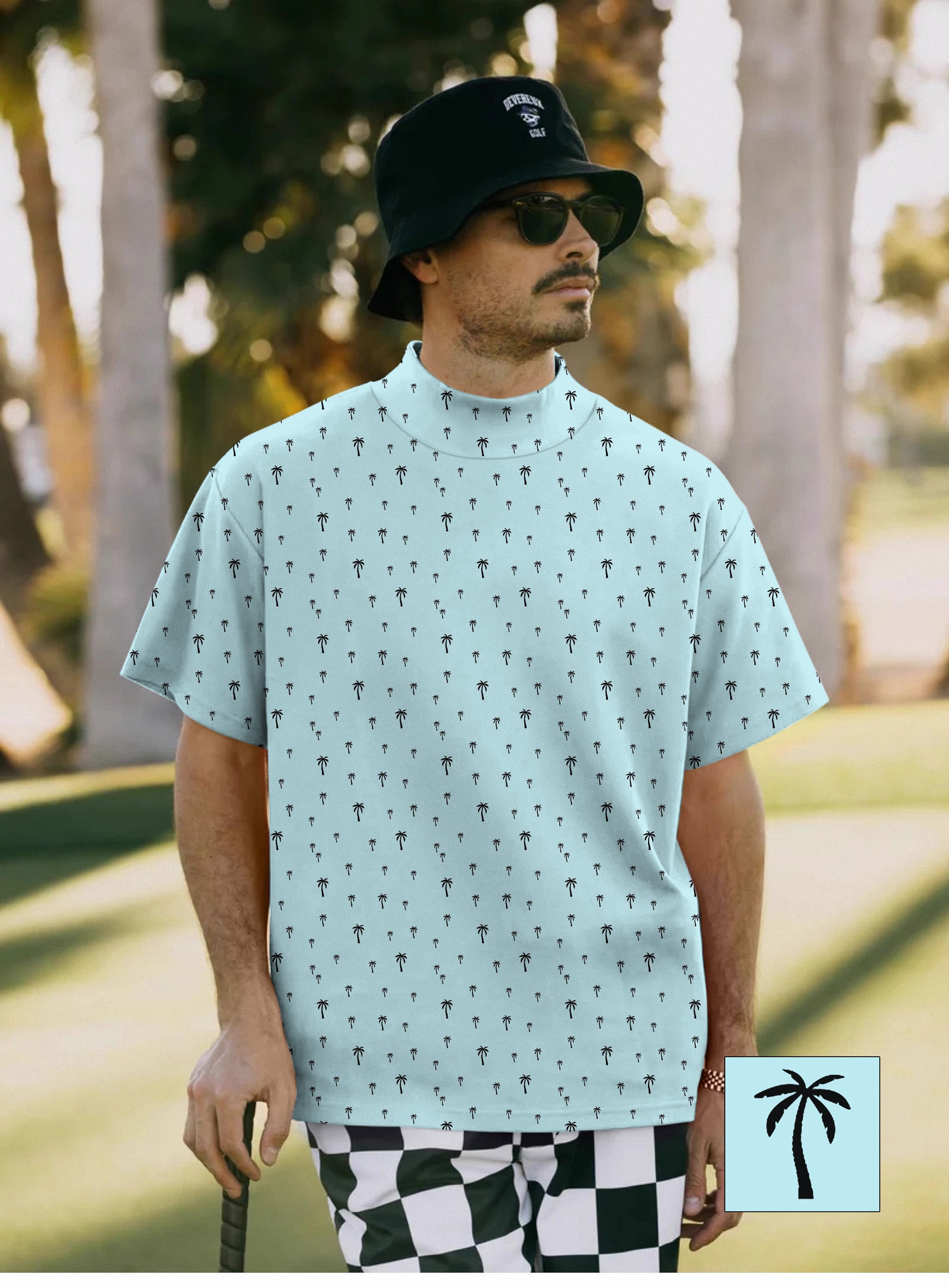 Men's light blue high neck pullover with palm print and short sleeves