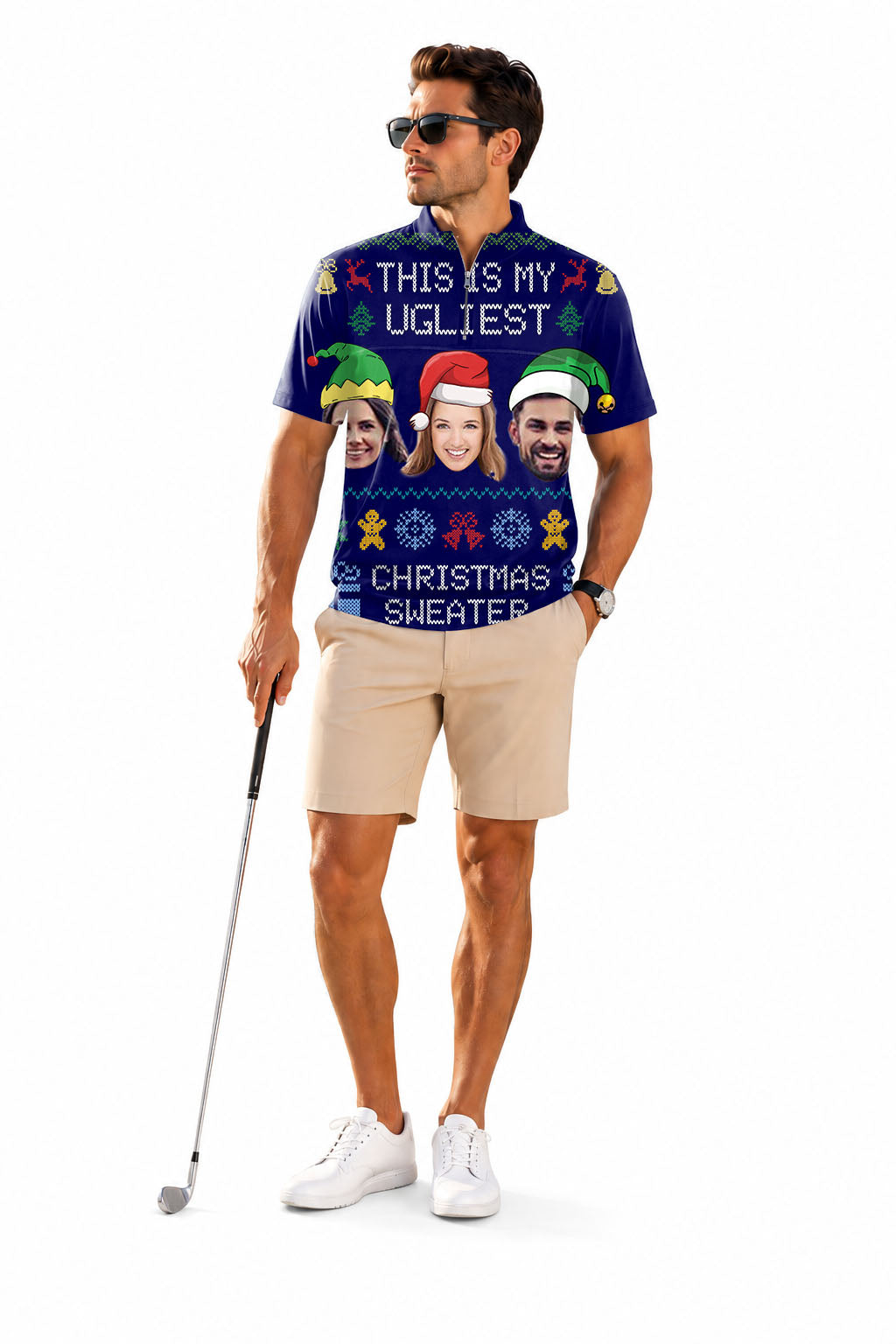Men's Short Sleeve Quarter Zip Golf Pullover Navy-Christmas Custom face Embroidery