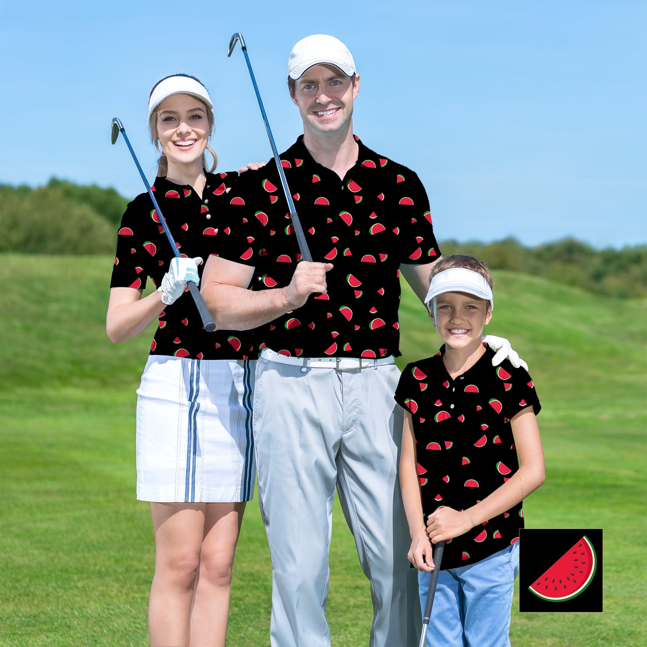 Family wearing custom watermelon print golf shirts on a sunny golf course