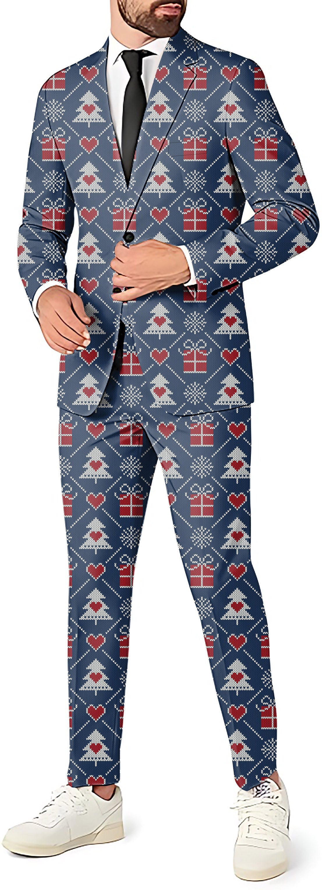 Men's Christmas gift party suit set with blazer, pants, and vest in festive holiday pattern