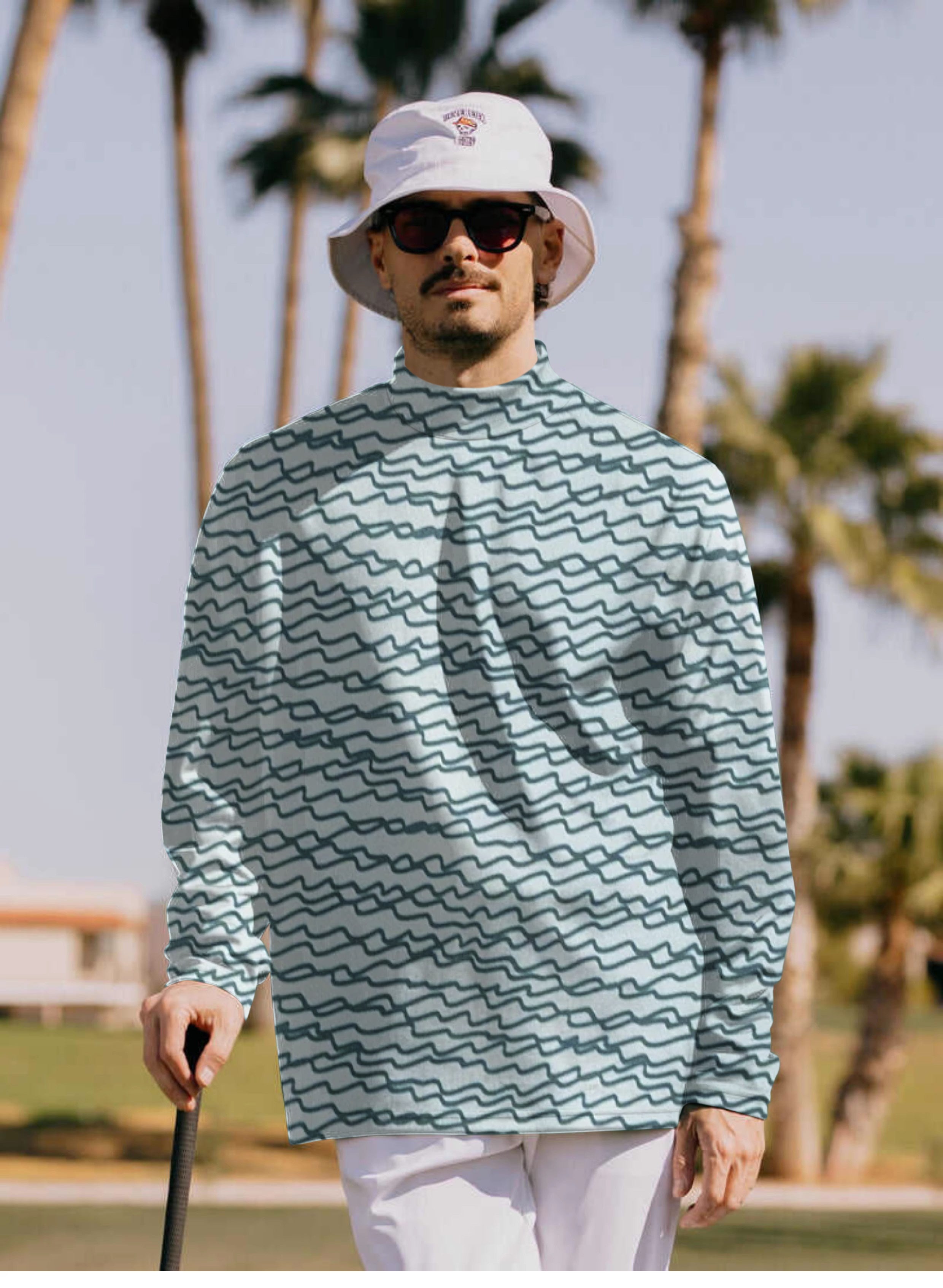 Men's green pullover with irregular wavy lines high neck long sleeve T-shirt