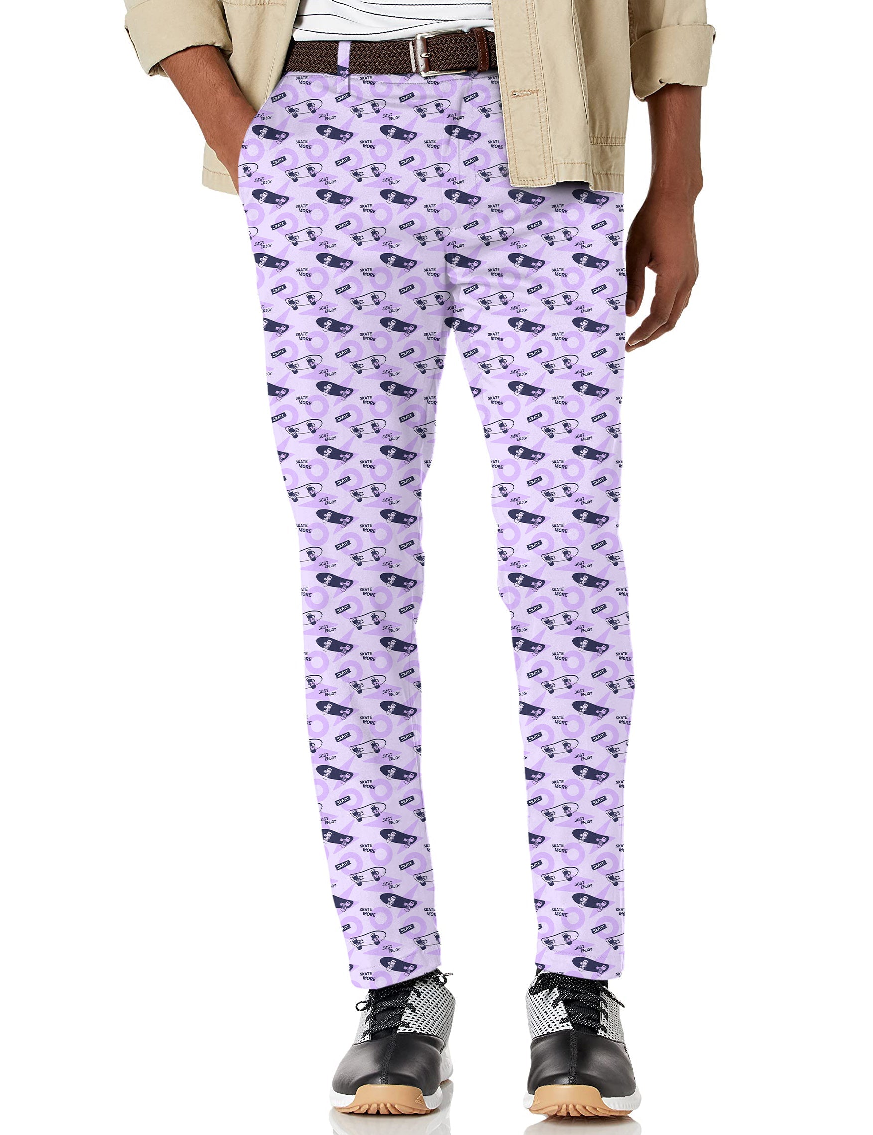 Men's purple skate patterned stretch golf pants with moisture-wicking fabric and active waistband