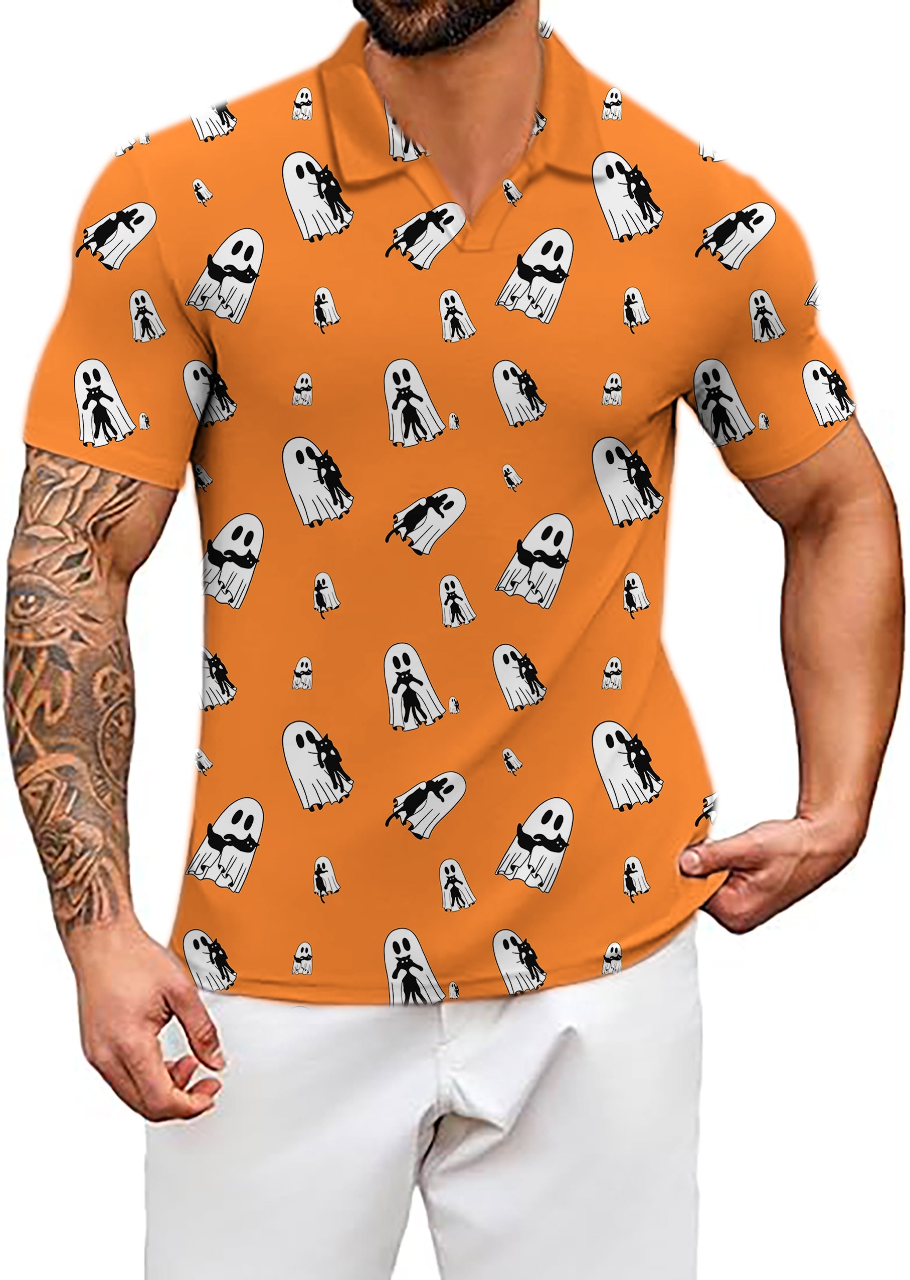 Men's orange Halloween ghost hug cat custom V-neck golf polo shirt with moisture-wicking fabric and UPF 40+ protection