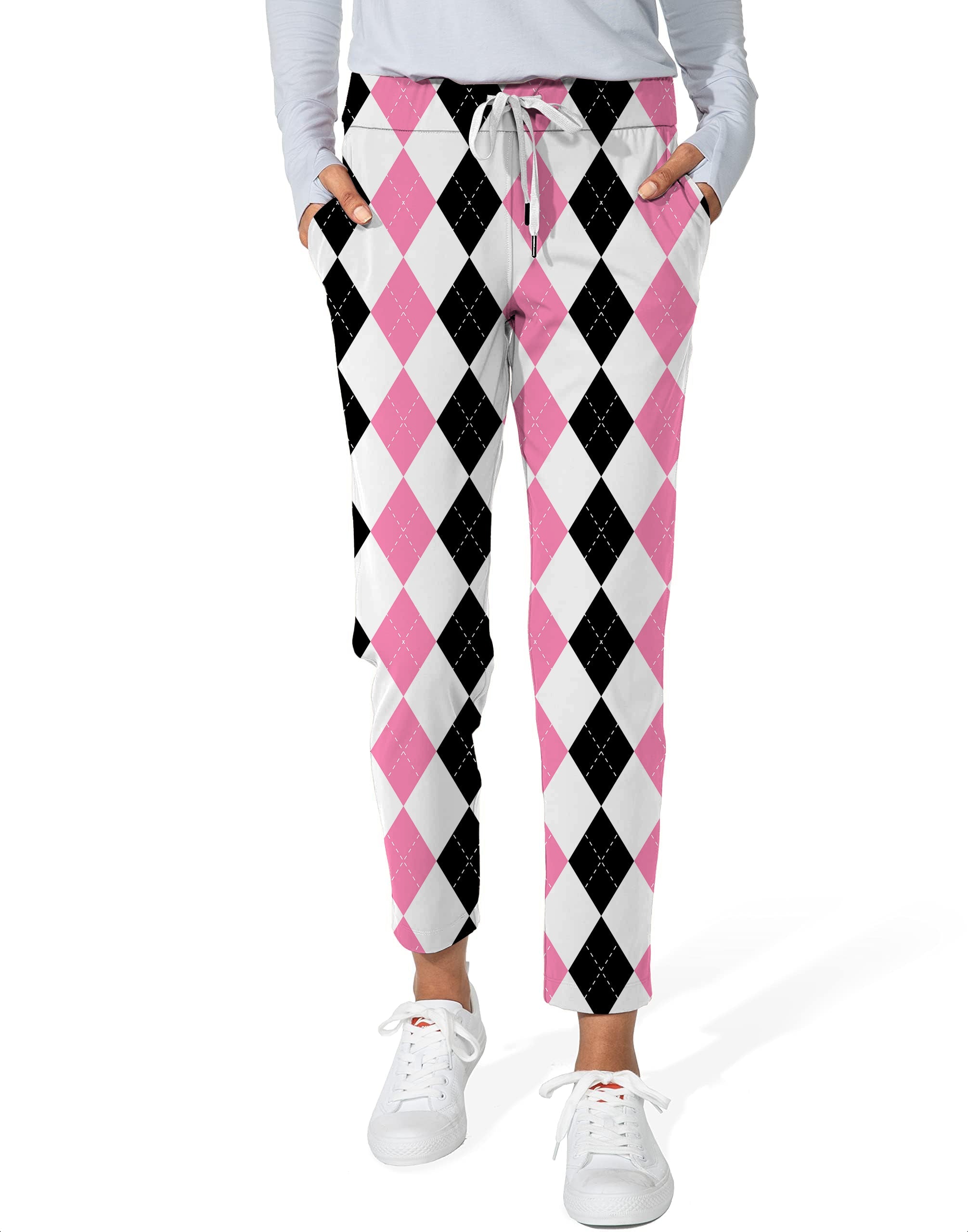 Women's pink black argyle 7/8 stretch ankle golf pants with pockets