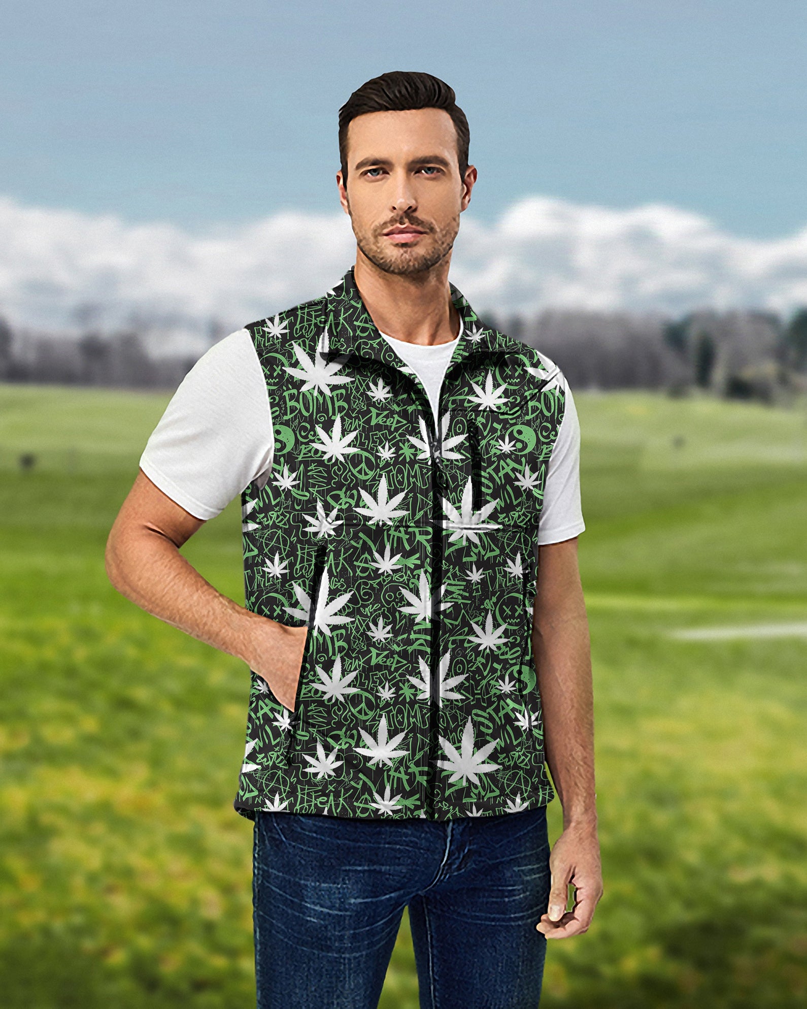 Men's Leafy Grafitti Lightweight Softshell Vest Sleeveless Jacket for Golf