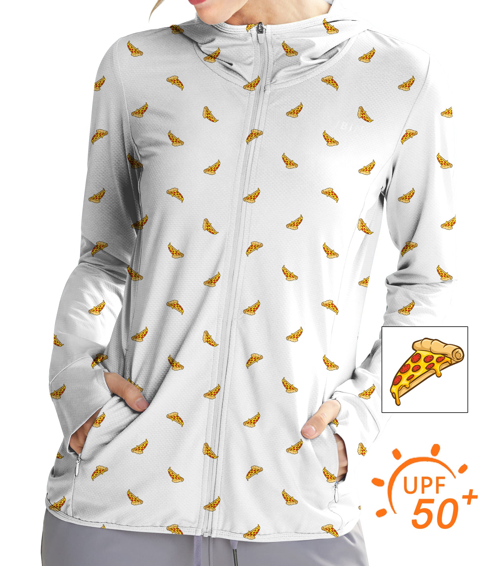 Women's outdoor zip hoodie with delicious white pizza print, lightweight and UPF 50+ sun protection