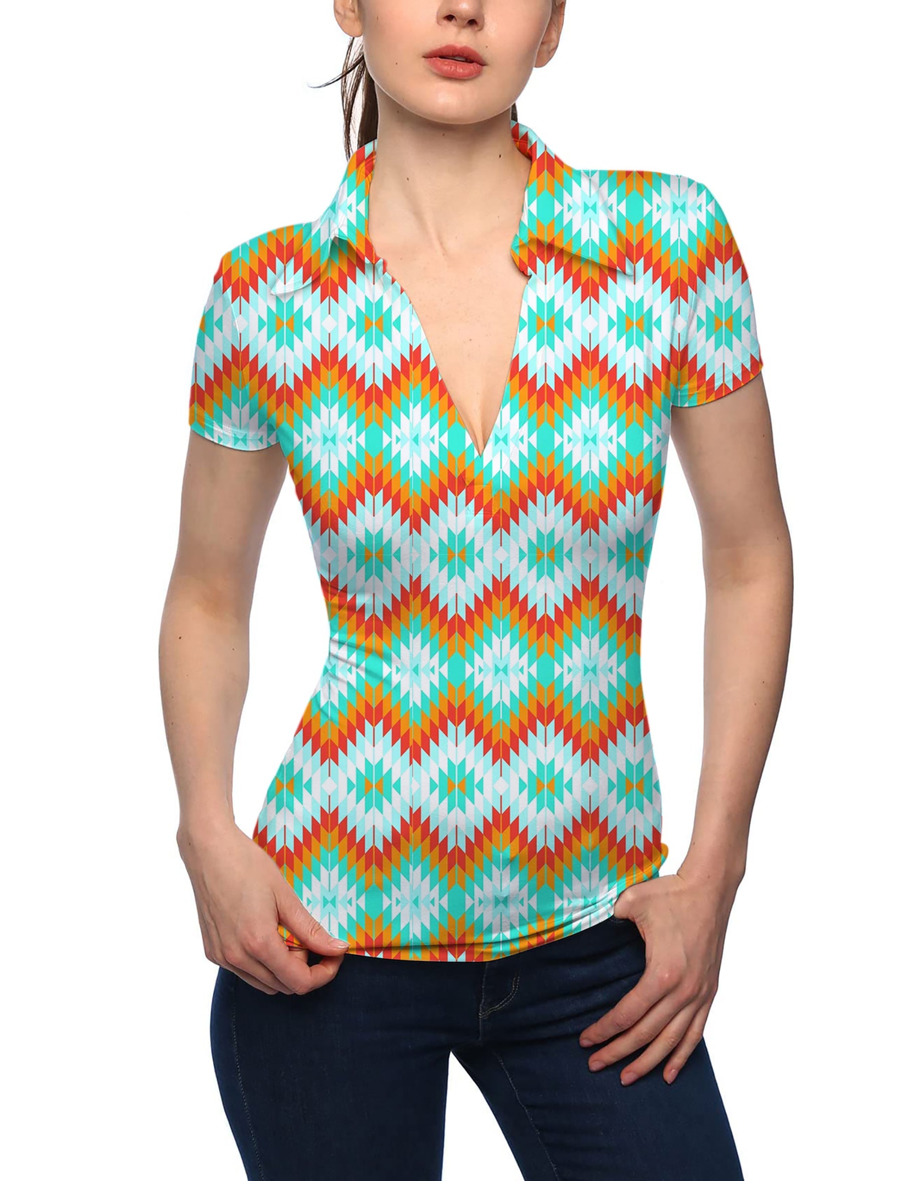 Women's Aztec Summer Contrast Stitching V Neck Golf Polo