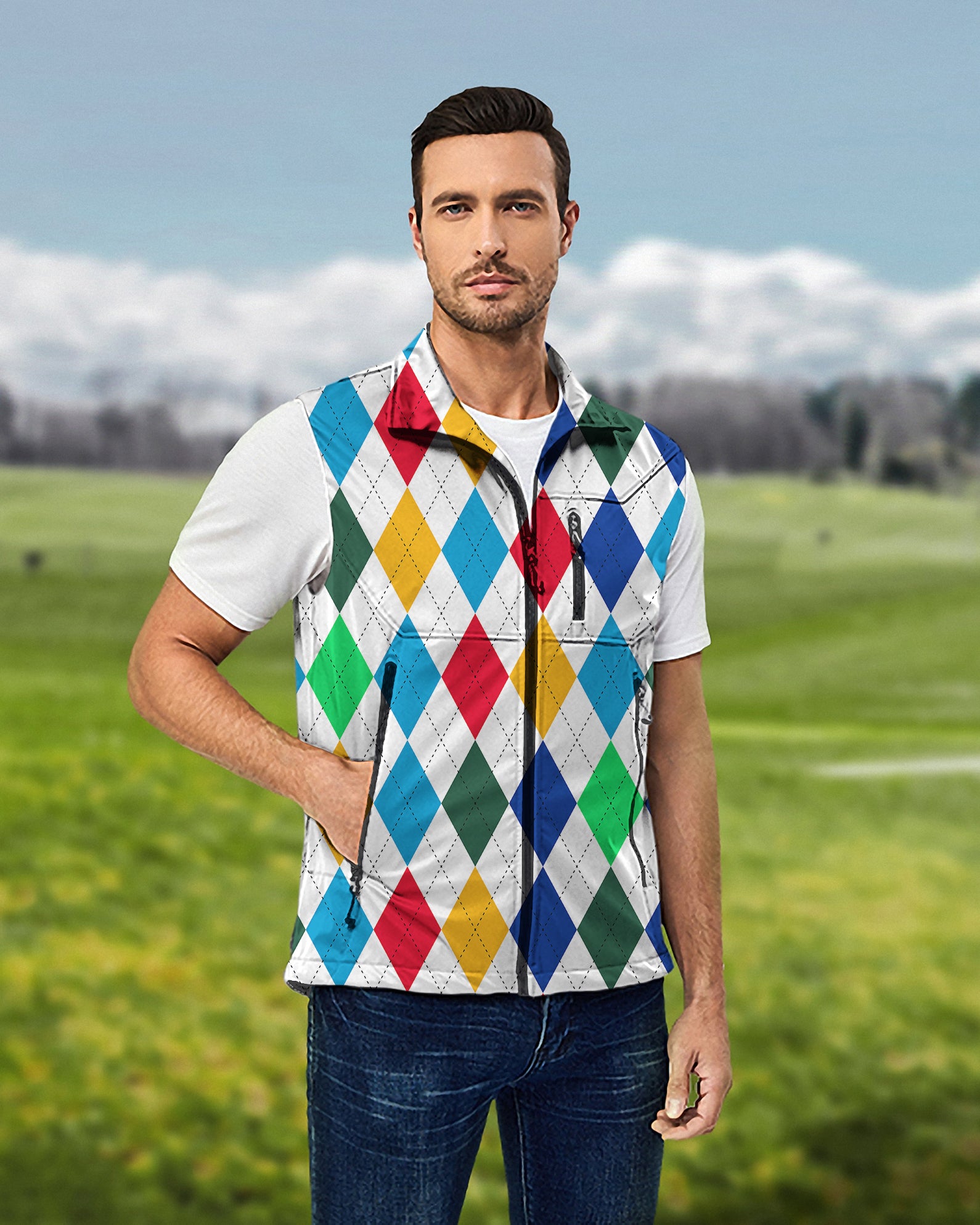 Men's Argyle Colorful Lightweight Softshell Vest Sleeveless Jacket for Golf Windproof Waterproof