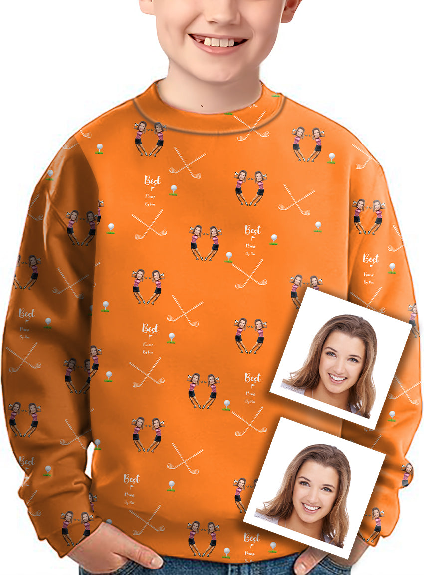 custom sister photo face name kids orange crewneck pullover ugly sweater
