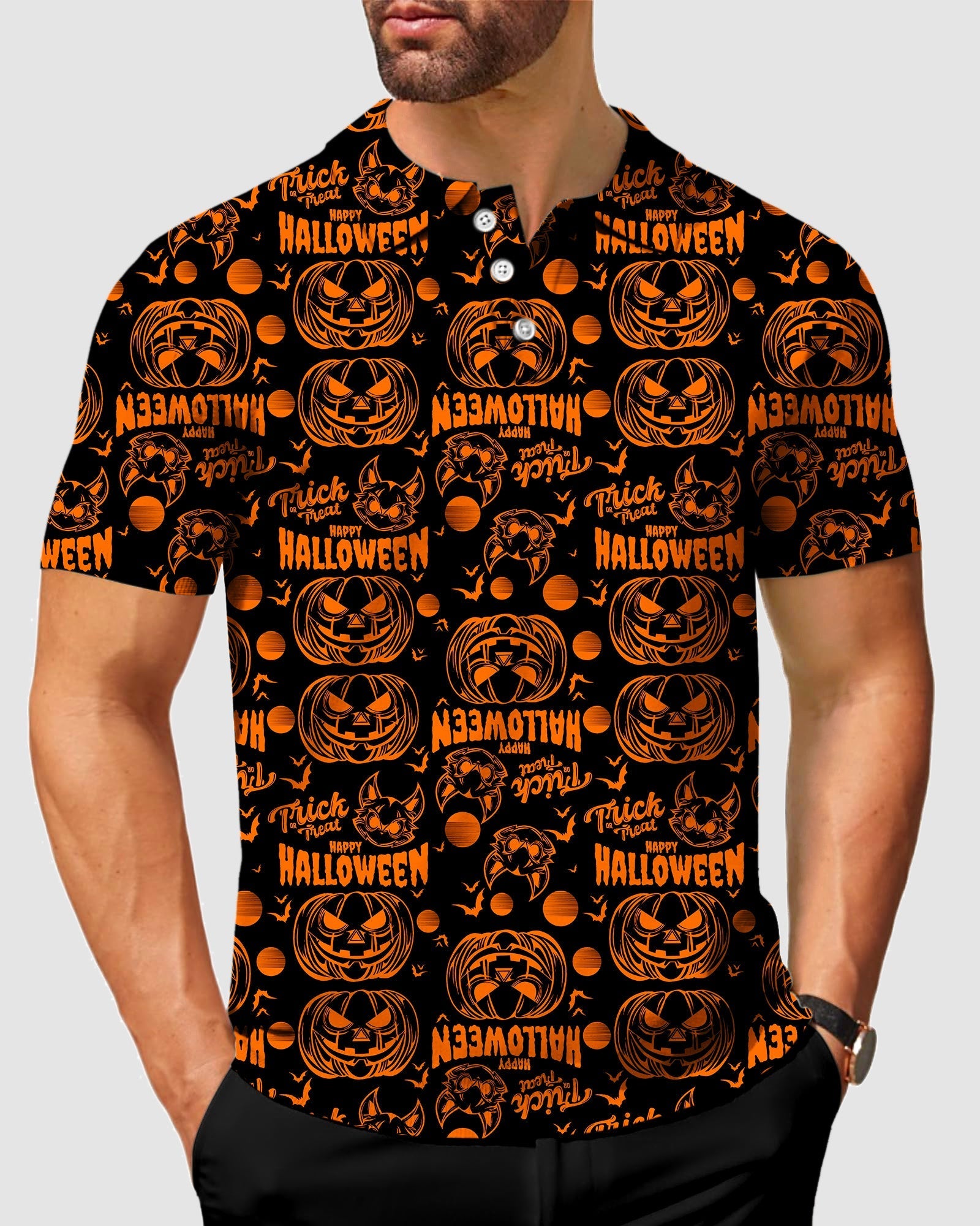 Men's Happy Halloween Pumpkin Polo with orange jack-o'-lantern and Halloween text pattern, moisture-wicking, wrinkle-resistant, and UV-protective fabric.