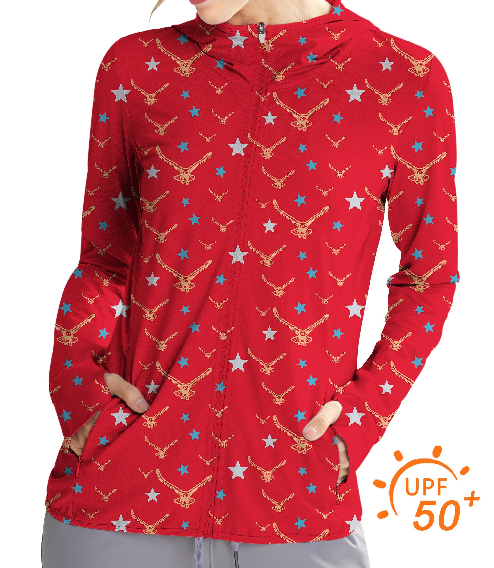 Women's outdoor slim fit zip hoodie with star eagle pattern and UPF 50+ sun protection