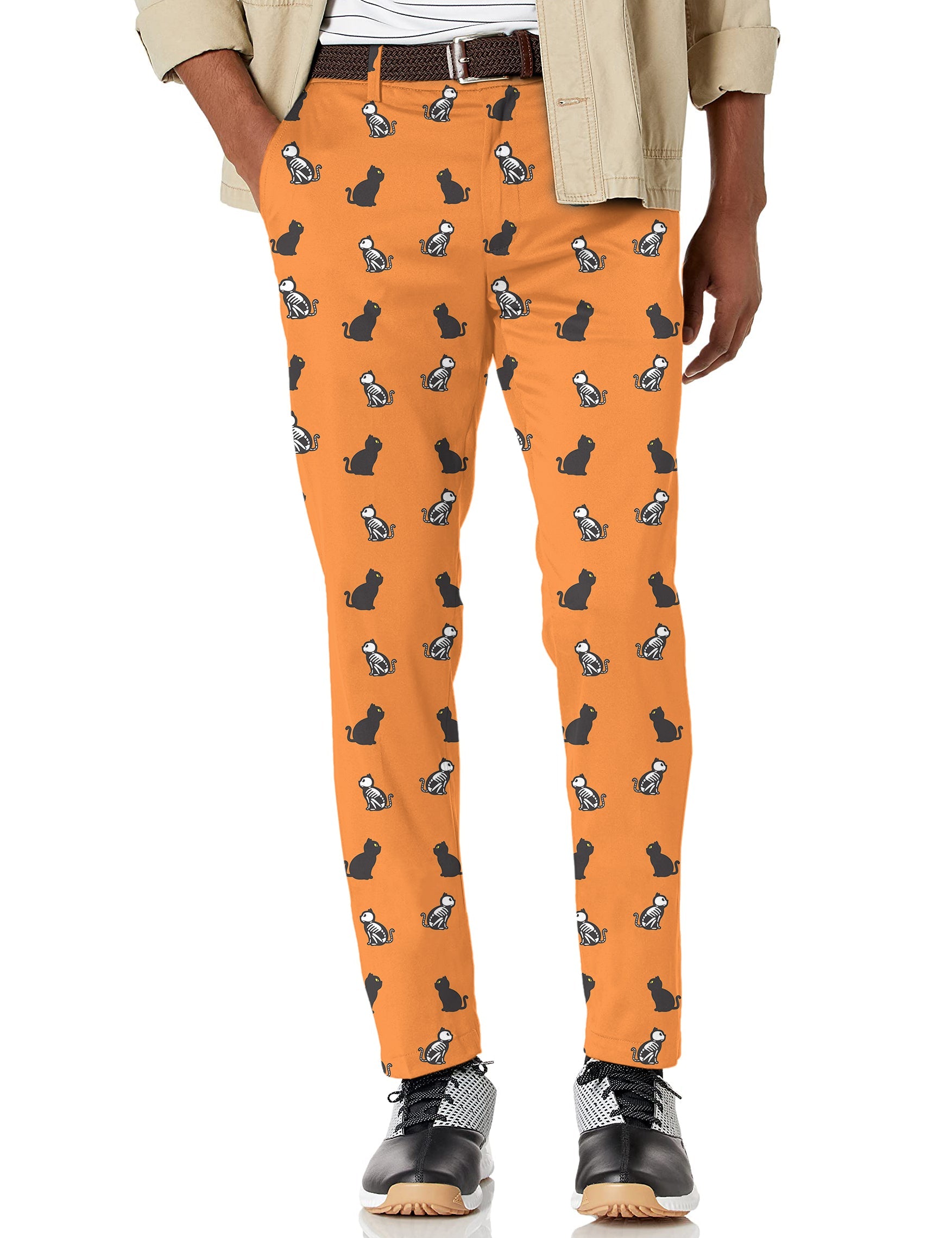 Men's Halloween Skull cat print stretch golf pants in orange background for performance and comfort