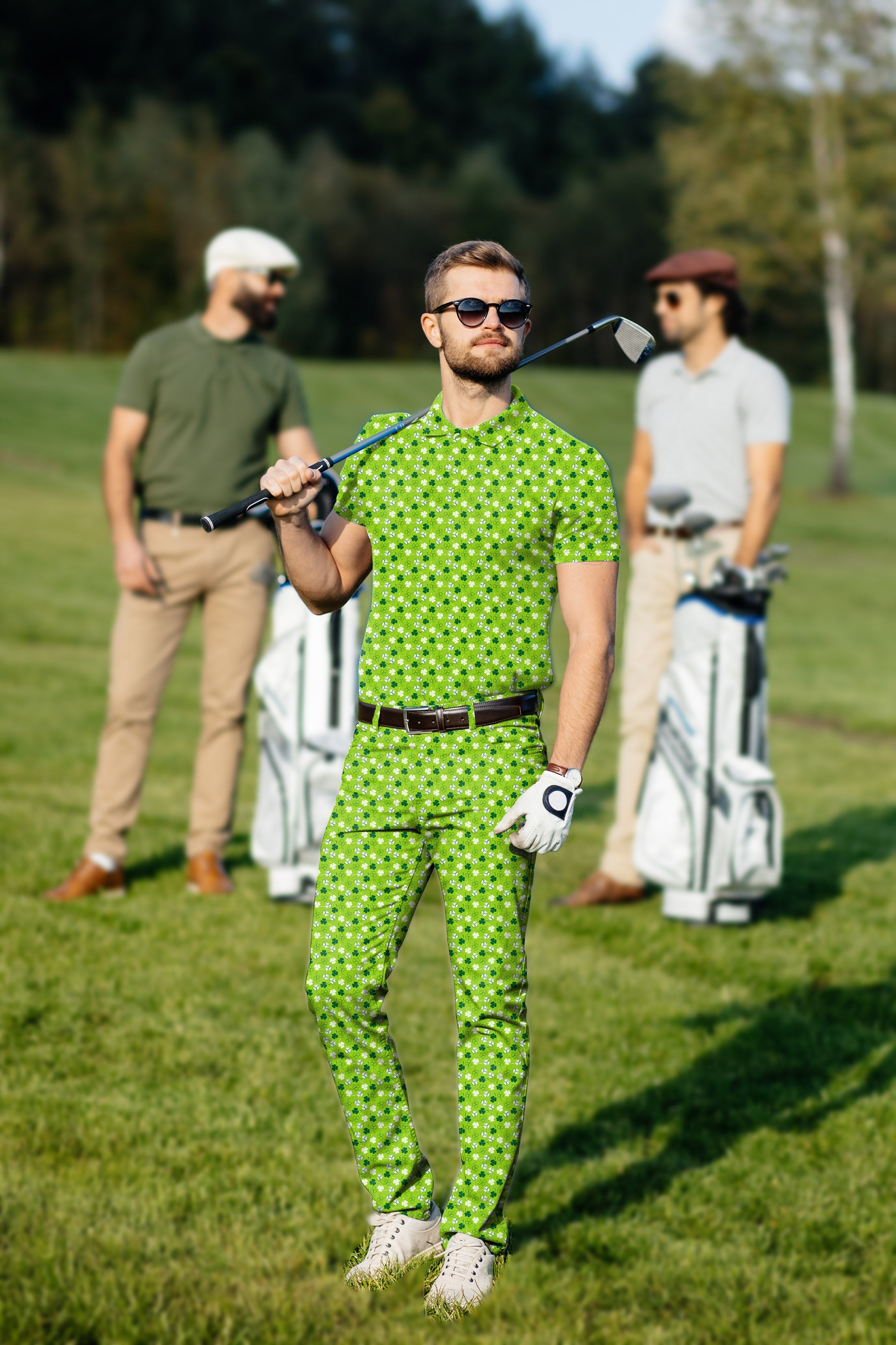 Men's green clover patterned golf polo and pants set for St. Patrick's Day with stretch fabric and classic fit