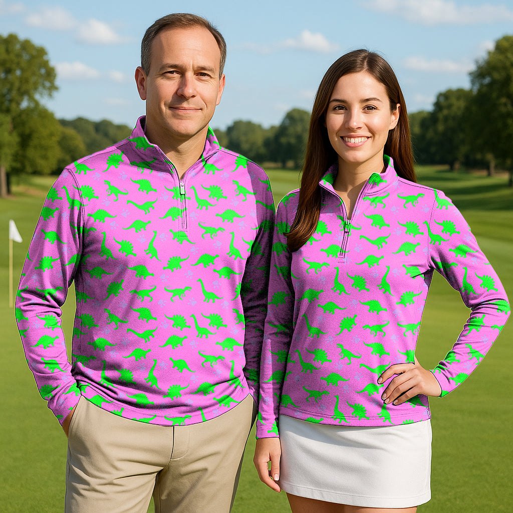 Pink Land Before Time couple golf active 3/4 zip top with long sleeves in lightweight, breathable fabric