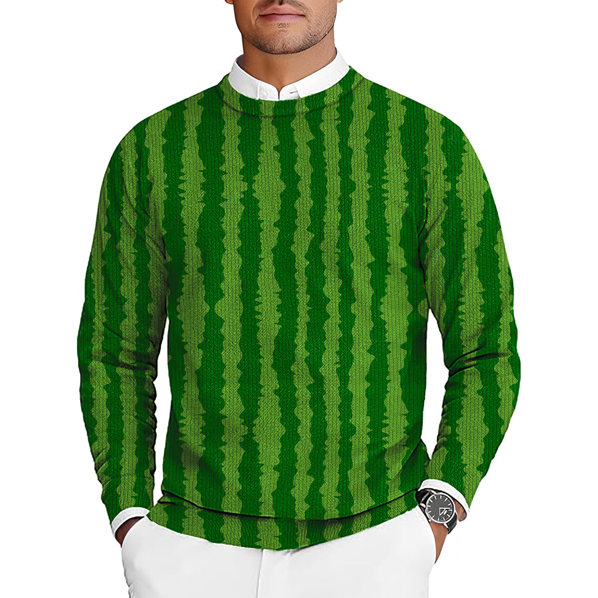 watermelon stripes Men's Golf Crewneck Pullover Sweaters Ugly Sweater