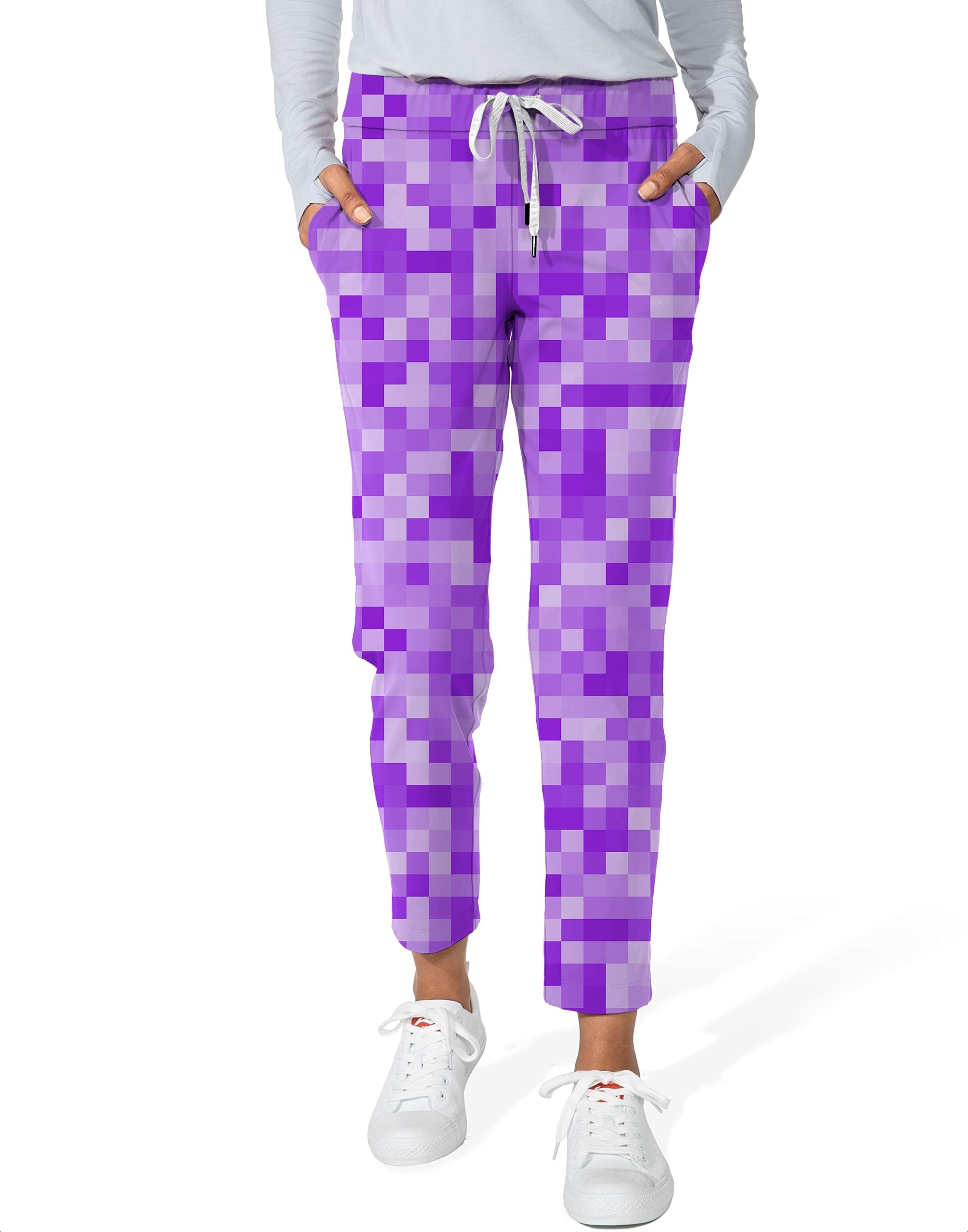 Purple Pixel Big Women's 7/8 stretch ankle golf pants with pixel pattern and adjustable drawstring waistband