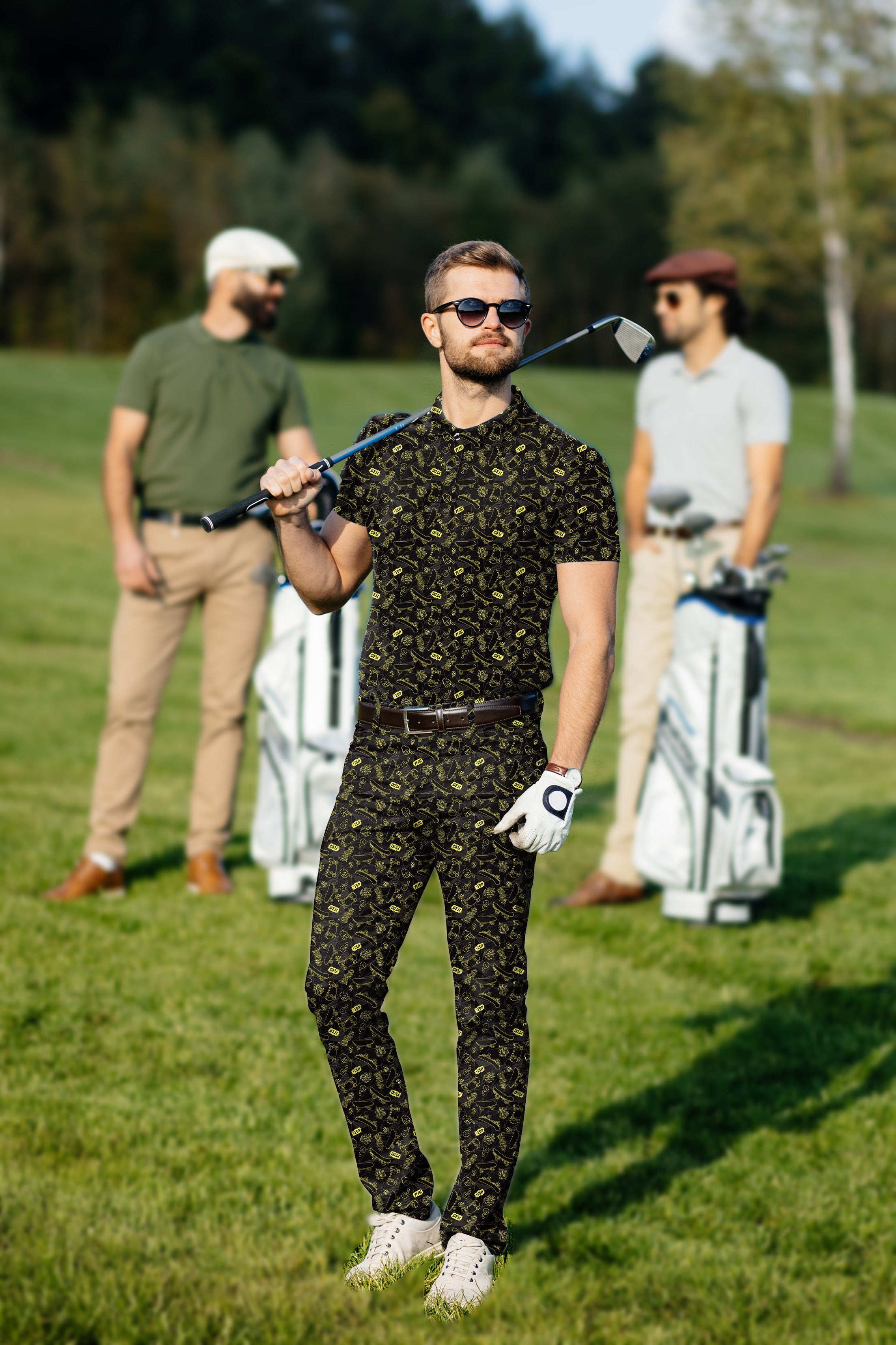 Men's Golf Set polo and pants in stylish patterned fabric with four-way stretch and moisture-wicking features.