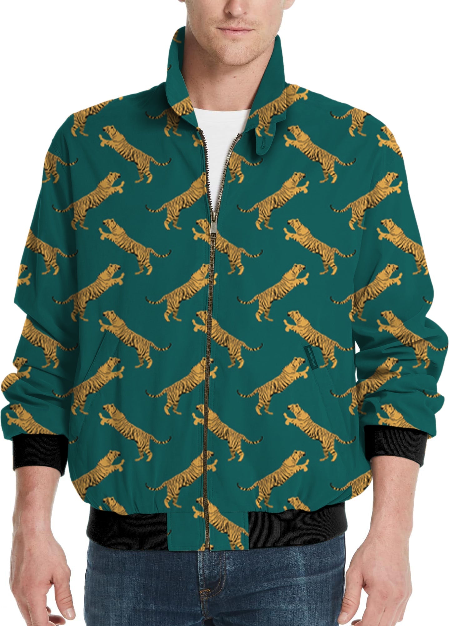 green tiger men's golf windbreaker jacket with tiger print pattern