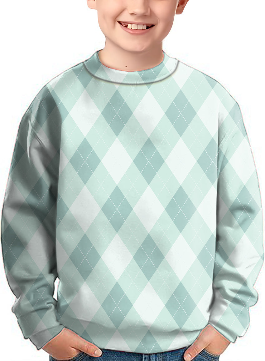 Green argyle crewneck pullover sweater for kids with diamond pattern design