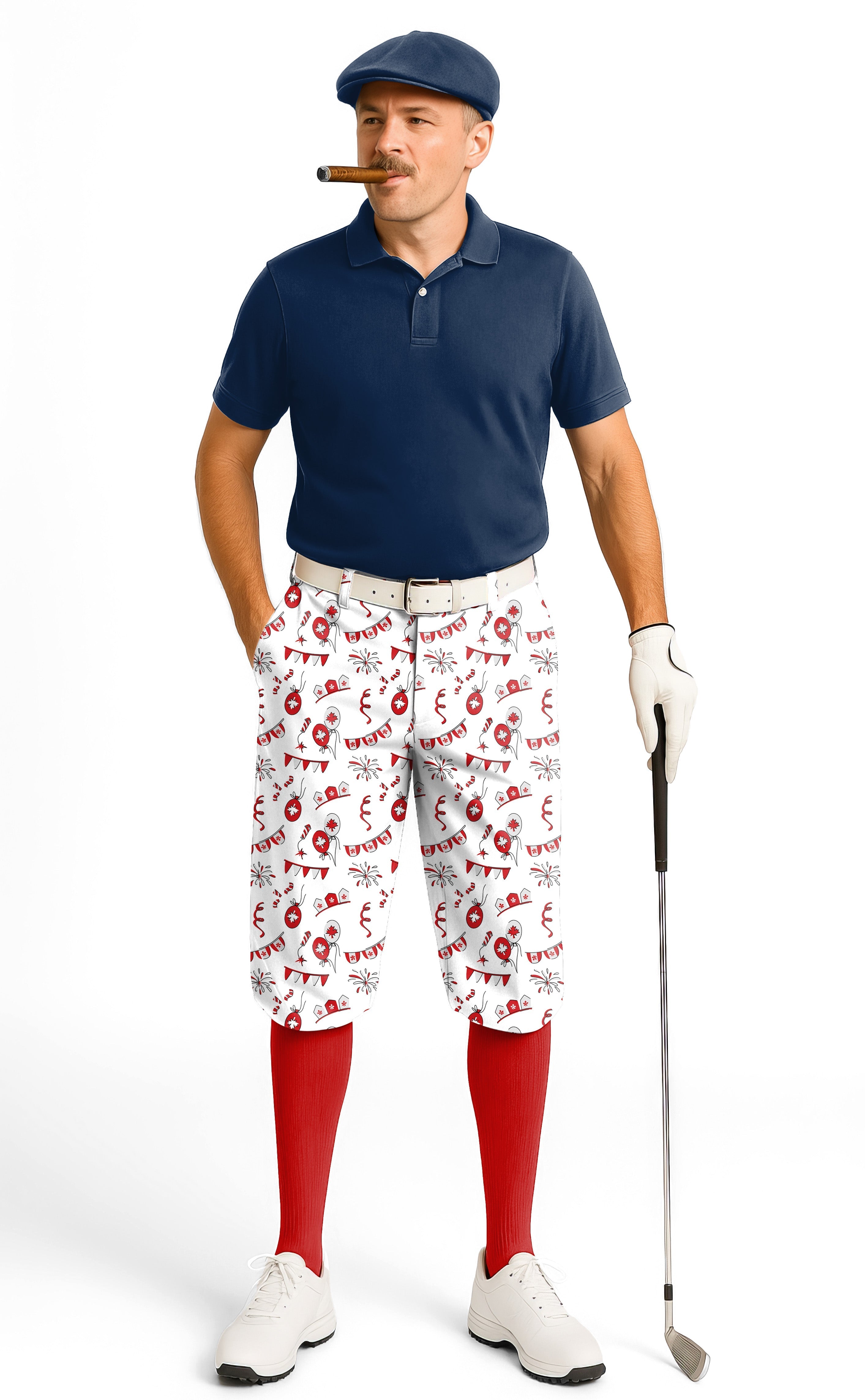Man wearing Canadian Flag Celebration men's golf knickers with snug ankle cuffs and performance fabric.