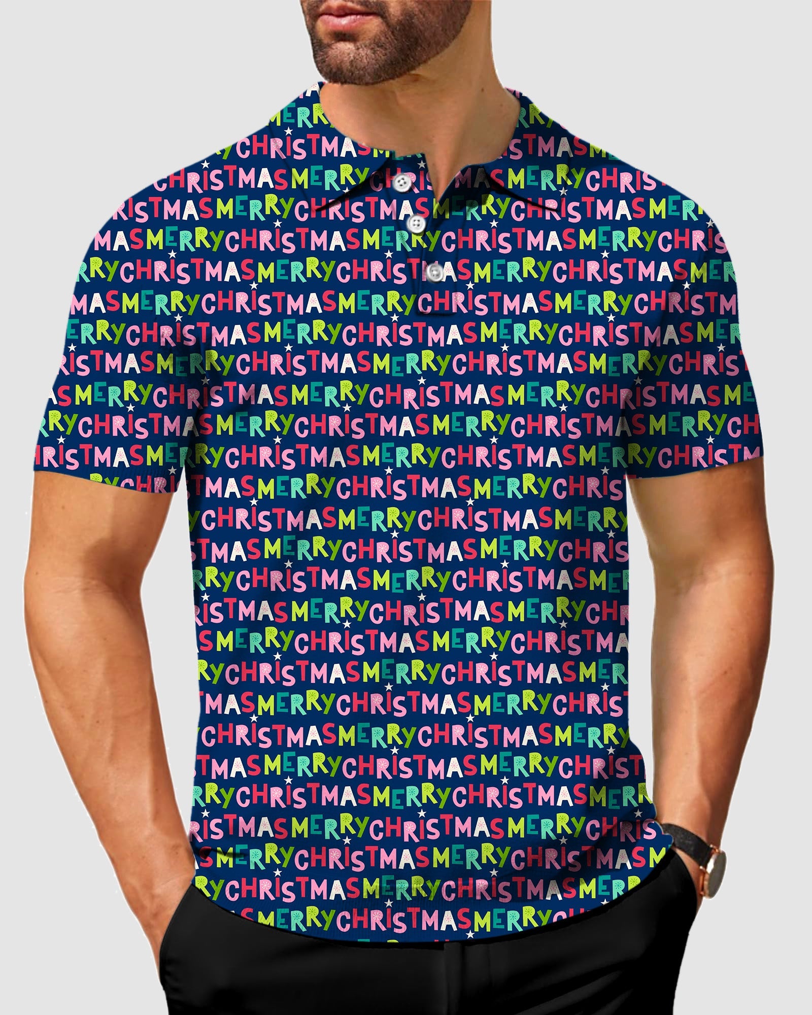 Men's Christmas polo with colorful Merry Christmas text pattern and short sleeves, classic fit