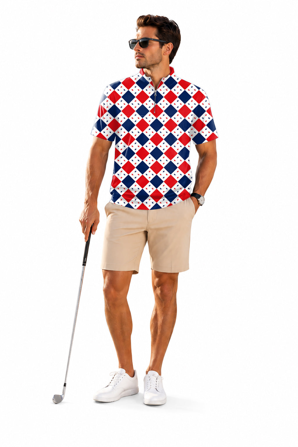Men's Short Sleeve Quarter Zip Golf Pullover Argyle US Star flag Quilting Golf Cover Set Embroidery