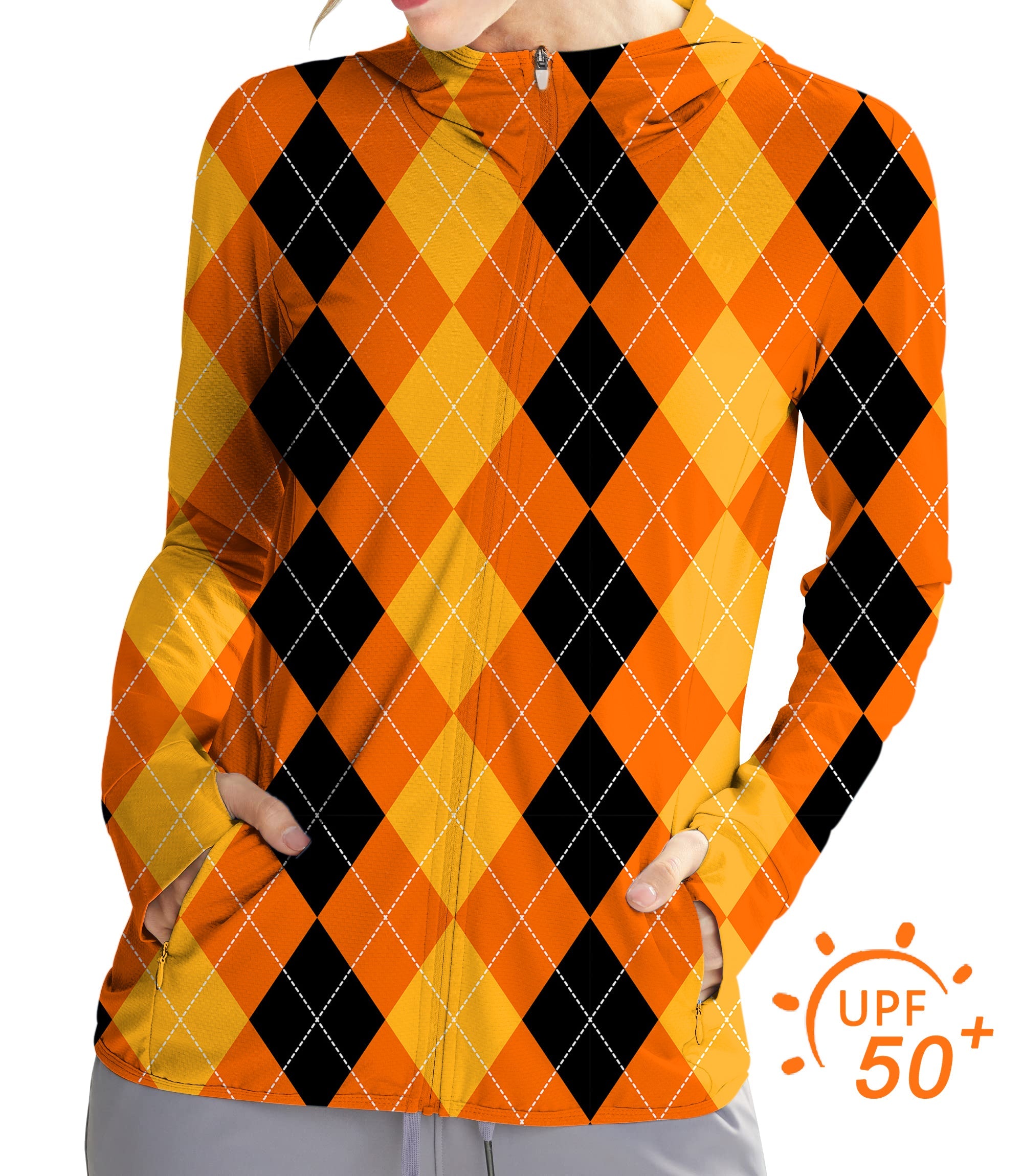 Women's outdoor Halloween argyle golf hoodie in black, yellow, and orange with UPF 50+ sun protection and slim fit design