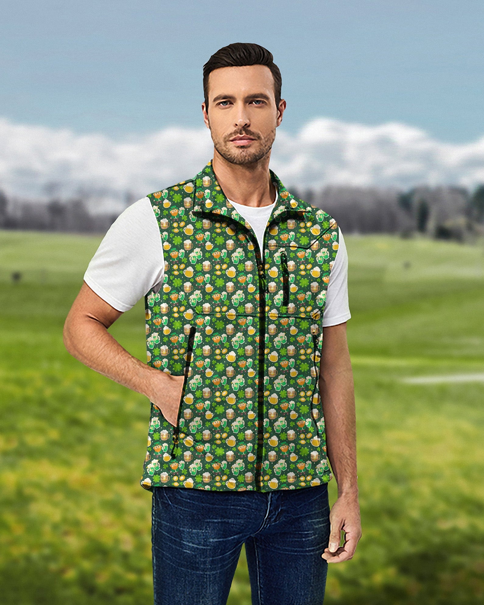 Men's green beer clover leaf St. Patrick's Day sleeveless softshell vest for golf, windproof and waterproof