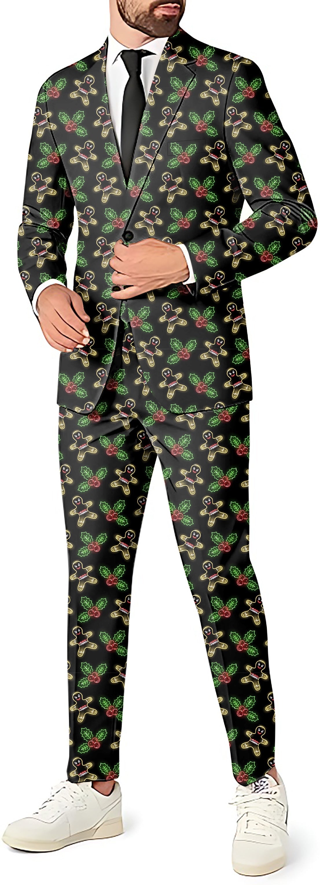 Neon gingerbread man men's party suit with blazer, pants, and vest in festive pattern