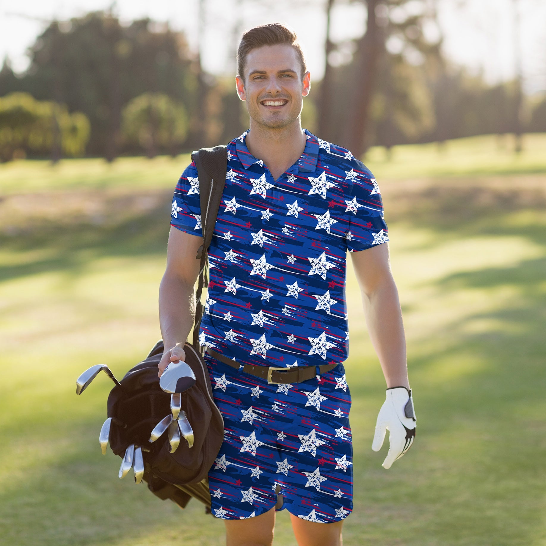 Men's golf set polo and shorts with American star pattern, moisture-wicking and stretchy fabric, UPF 40+ protection