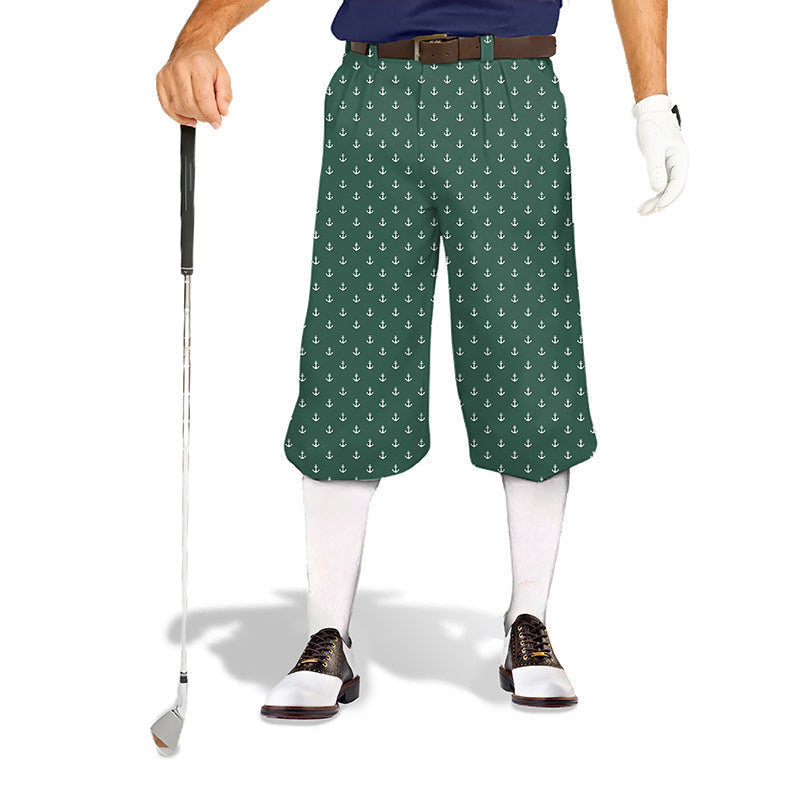 Green Anchor Men's Golf Knickers with anchor pattern, snug ankle cuffs, and lightweight breathable fabric for comfortable golf play