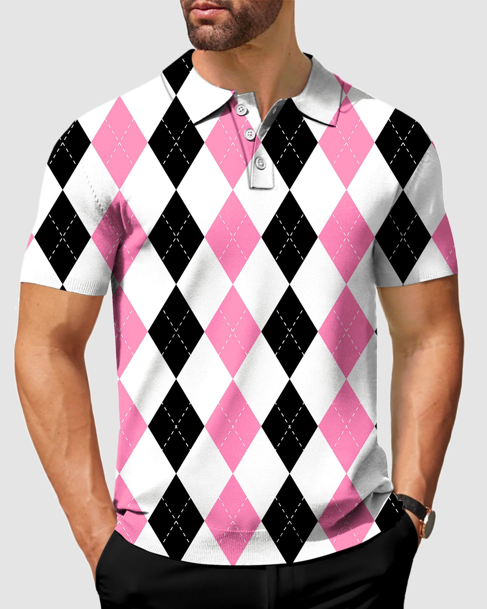Men's pink black argyle polo shirt with four-way stretch and moisture-wicking fabric