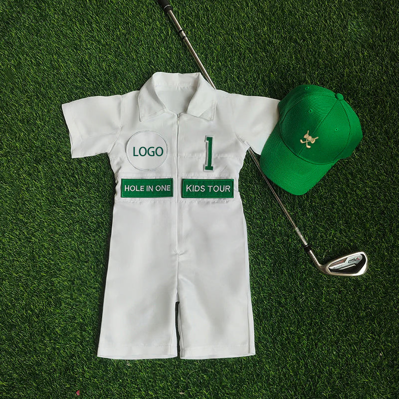 Custom Golf Shorts Suit for kids Golf White-Green Suit Children's Jumpsuit Baby Golf Birthday Uniform With Hat