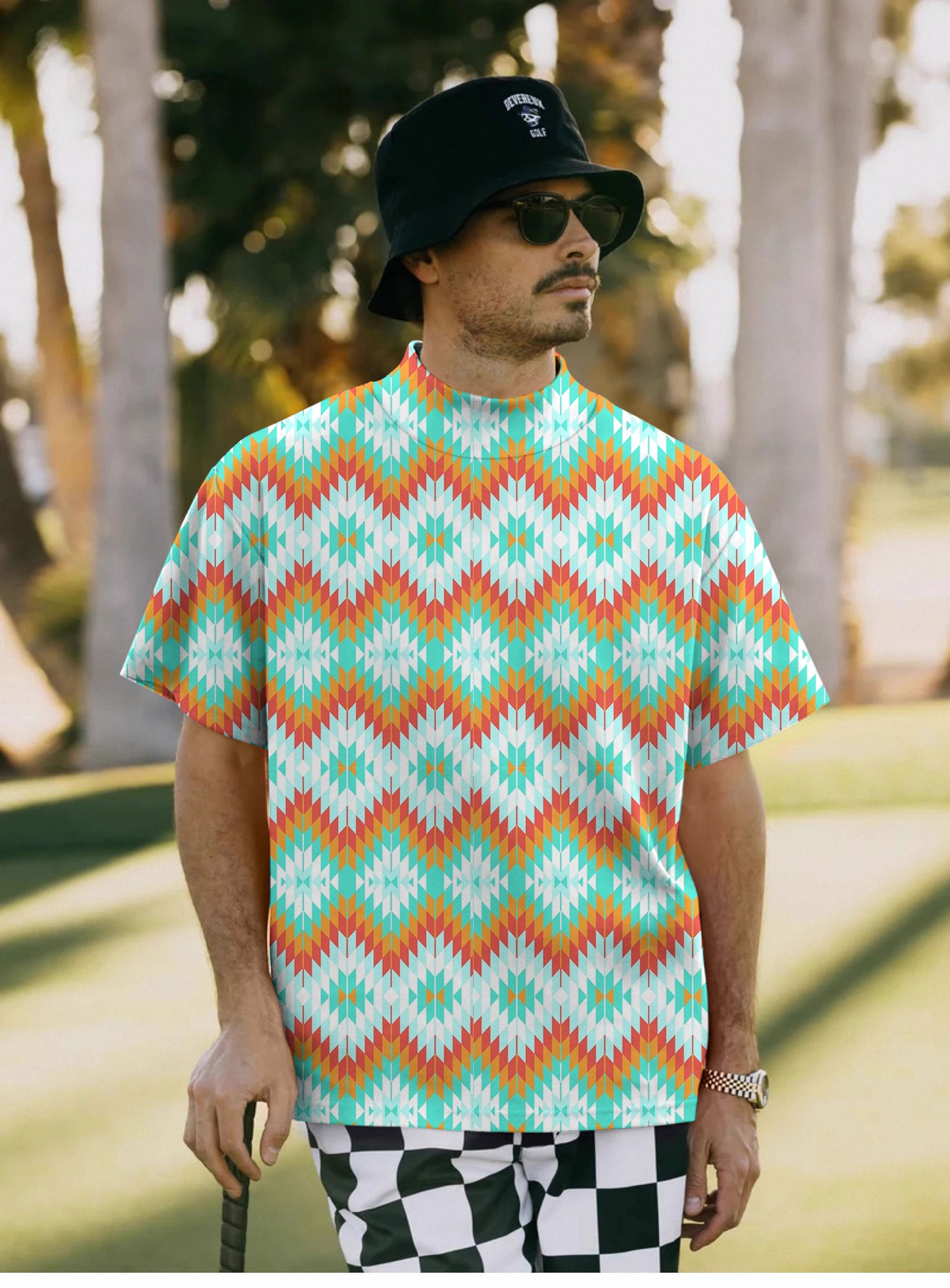 Men's Aztec Summer Contrast Stitching Pullover High neck Long/Short sleeve T-Shirt