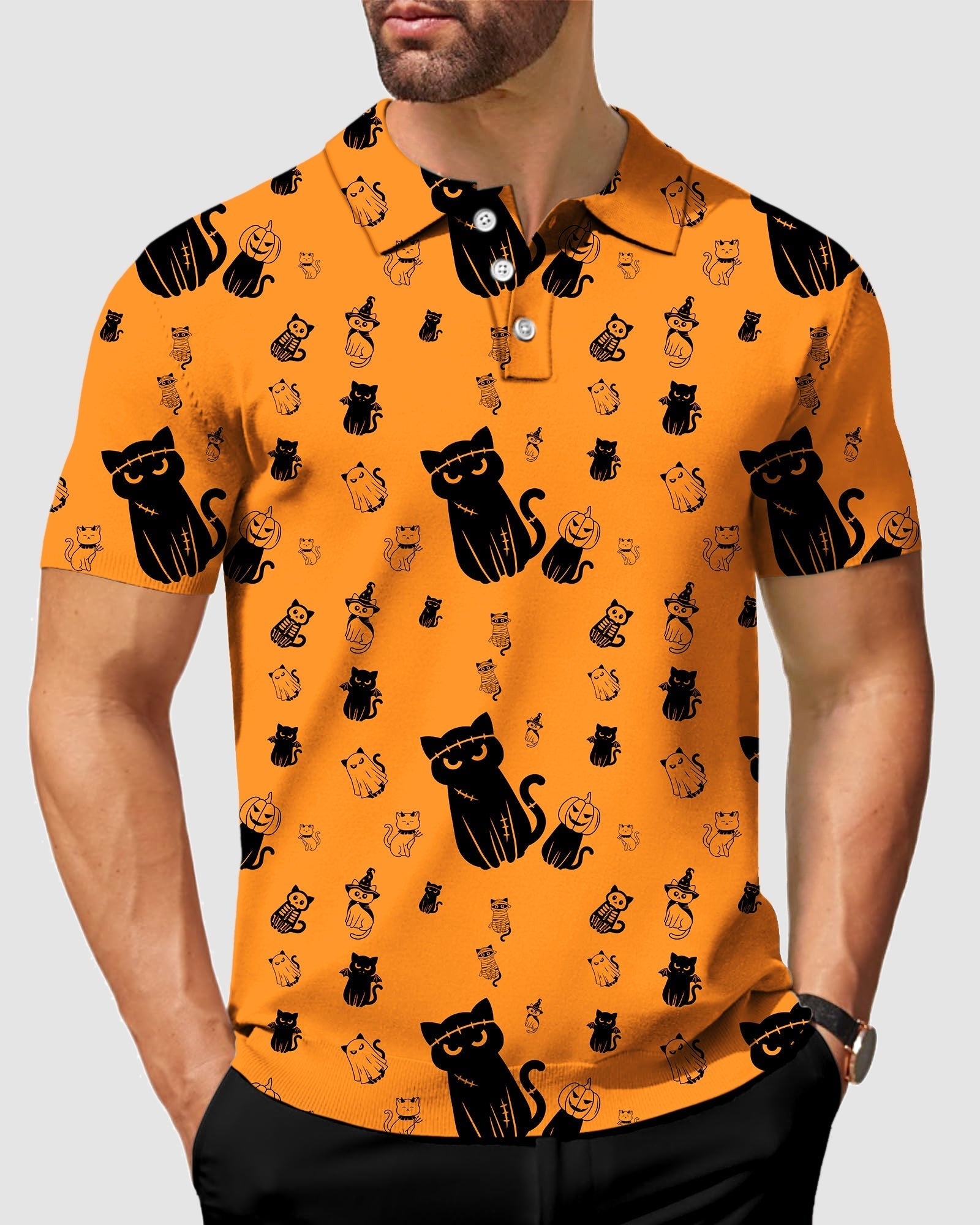 Men's Halloween cute cat polo shirt with custom orange background and black cat pattern