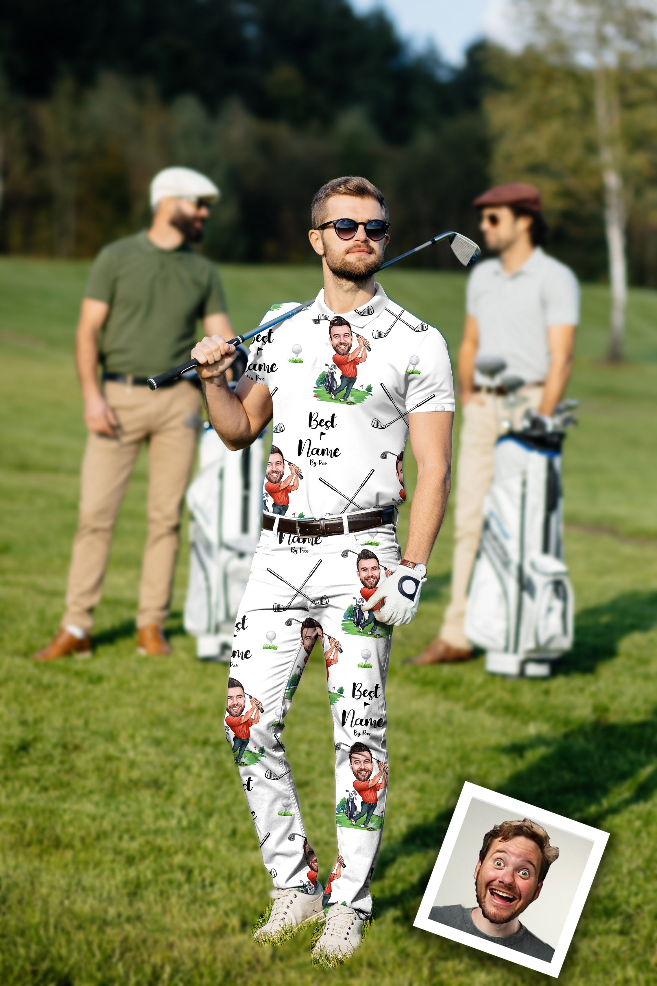 Men's golf set polo and pants with custom photo face and name design on white fabric, suitable for stylish golf wear