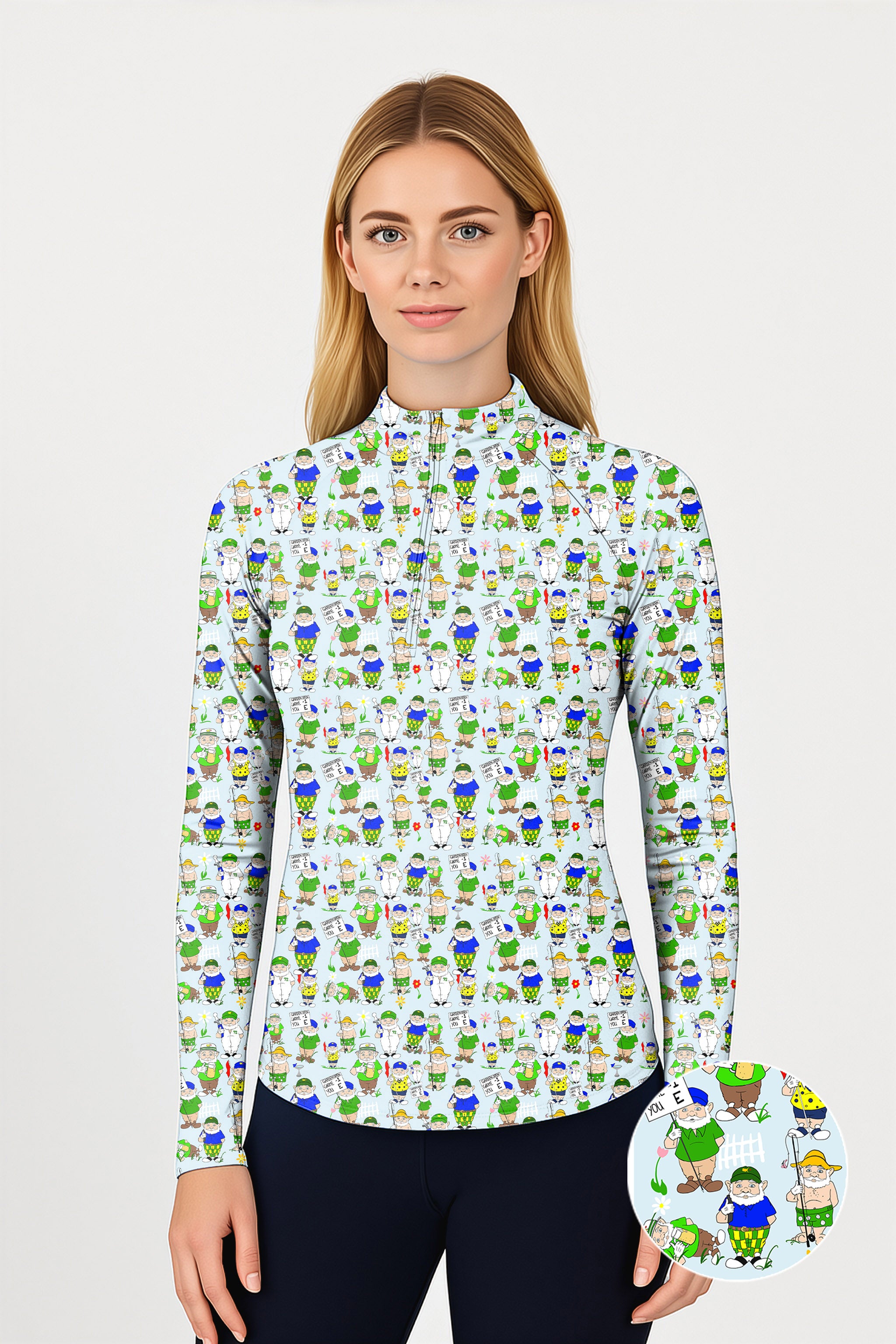 Gnome Garden Open Designer style Women's Golf Active 3/4 Zipper Top Long Sleeves