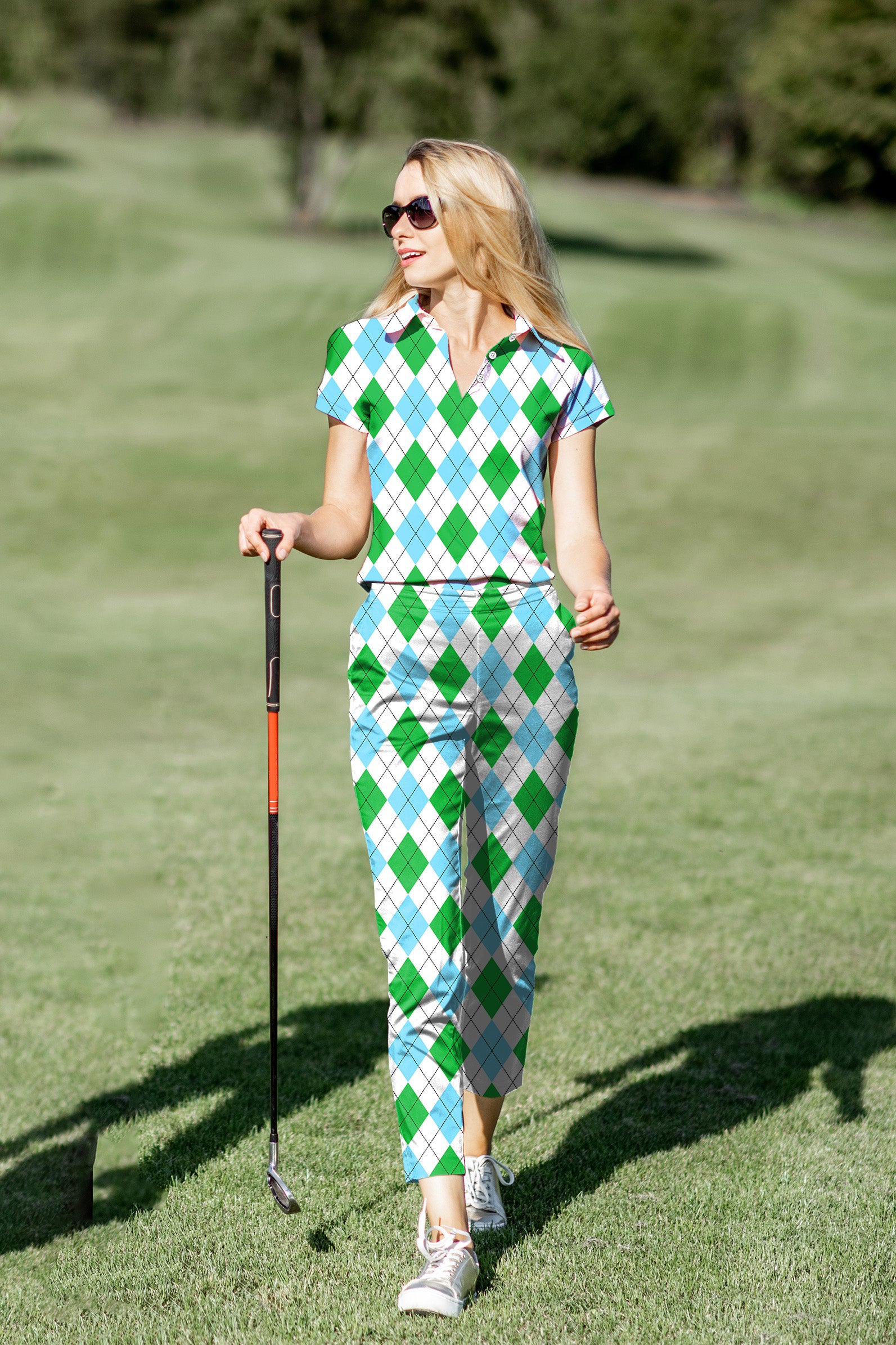 Women's Golf Polo+Pants Set Green diamond grid